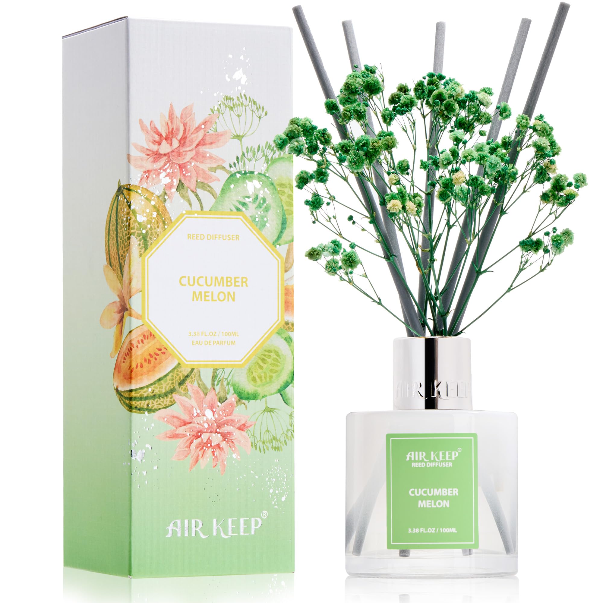 Airkeep Reed Diffuser Set,3.38 fl oz (100 ml) - Cucumber Melon Oil Diffusers with 8 Reed Sticks, Home Fragrance Reed Diffuser for Bathroom Shelf Decor