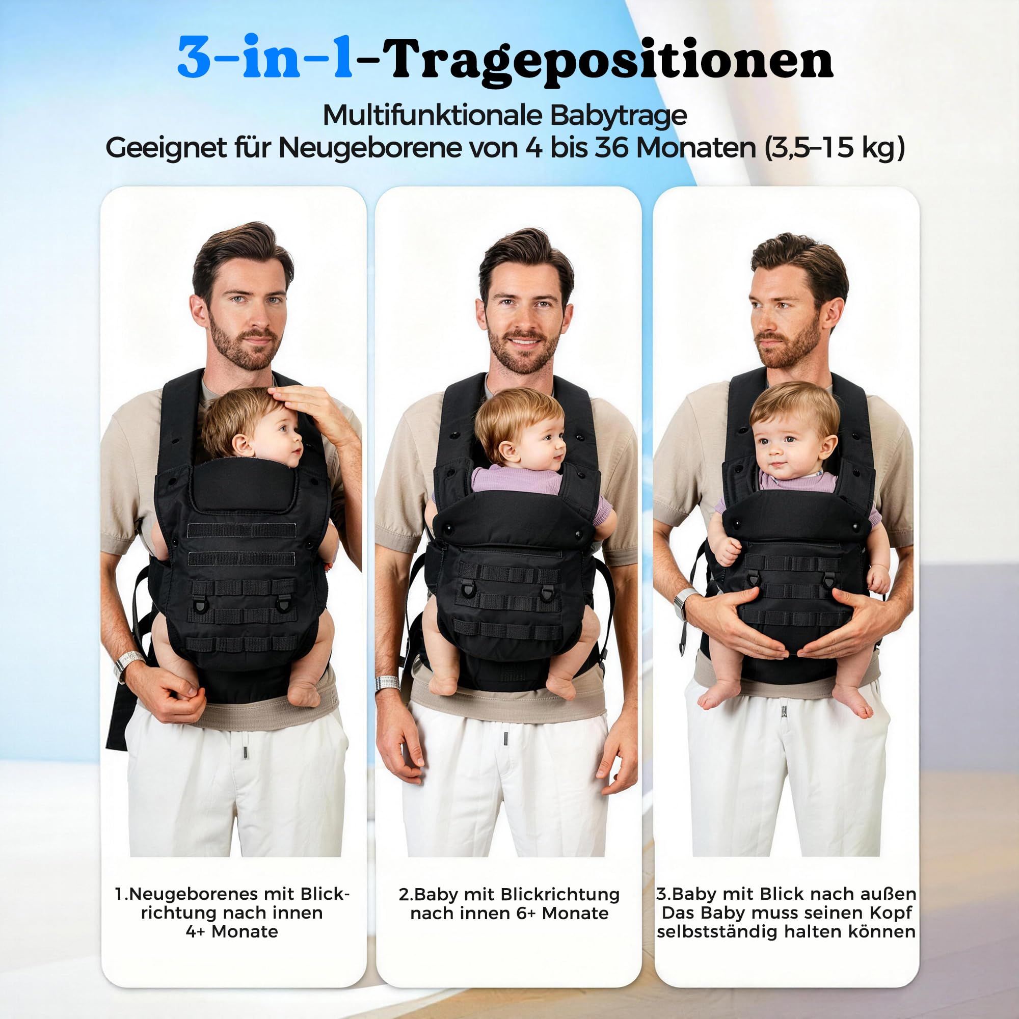 Babytrage für Papa, Ergonomische Baby Trage mit Hüftgesunde (4-36 Monate), 3-in-1 Baby Carrier für 3,5-15kg, Leicht, Atmungsaktive, Einhandbedienung für Unterwegs & Reisen Schwarz