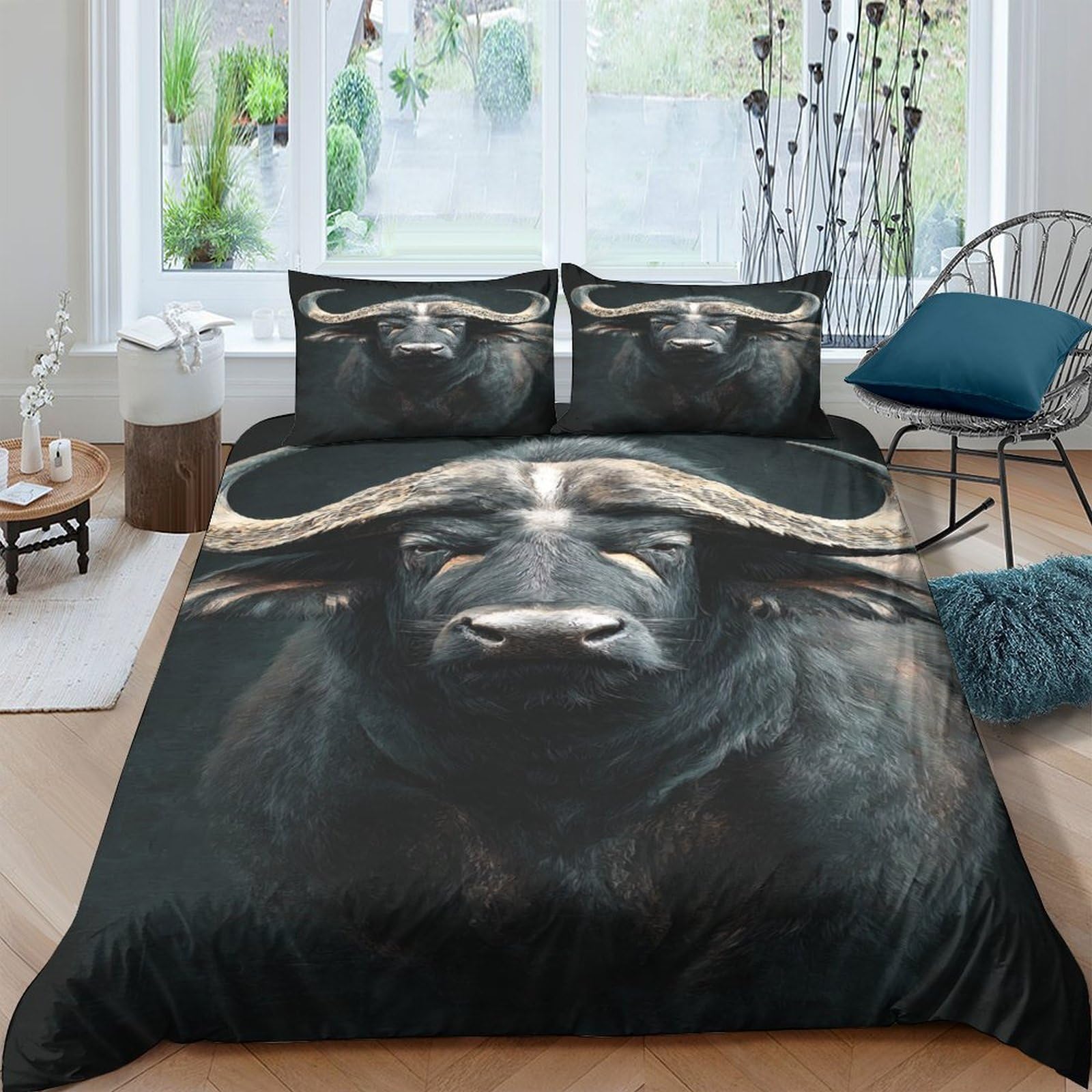 Ctjqhvkz Style-1 3D Printed Buffalo Head Fitted Sheet Microfiber Artistic Animal Bed Cover For Bedroom Dorm Mattress Decor Easy Care Single（135X200cm）