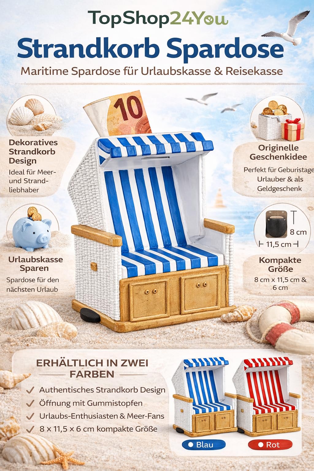 Salvadanaio a forma di poltrona da spiaggia – design marittimo – cassa vacanza & cassa da viaggio Sparbox – regalo in denaro per vacanze e fan del mare – 11,5 cm (blu)