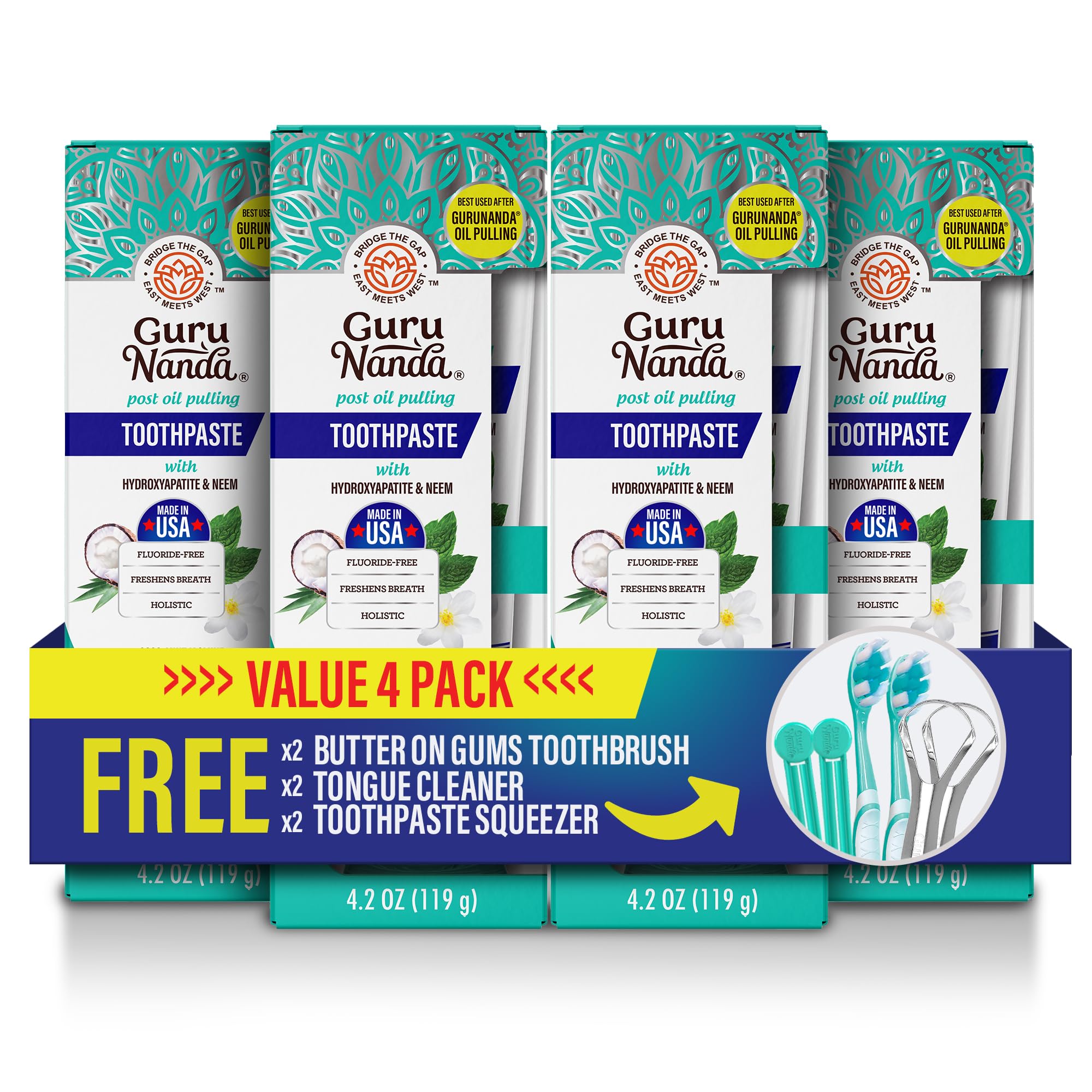 GuruNandaHydroxyapatite Toothpaste, SLS & Fluoride Free, Whitening Toothpaste - Freshens Breath, Fights Plaque - Natural CocoMint Jasmine Neem - 4 Pack