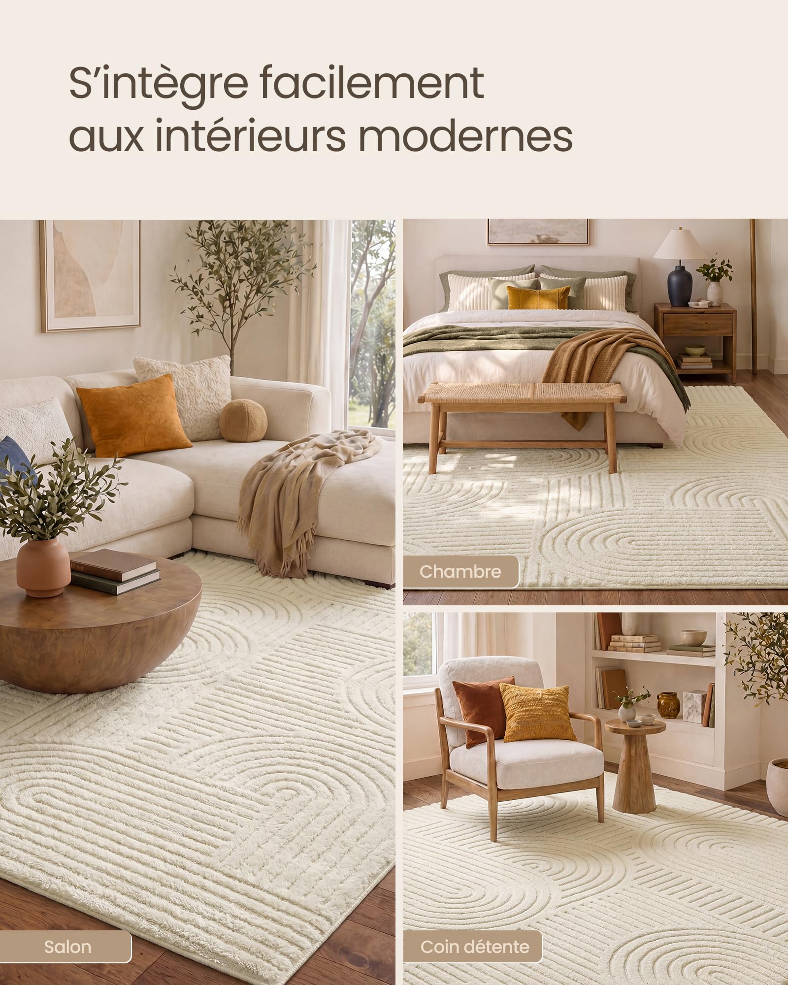 SONGMICS Tapis de Salon Géométrique à Relief 3D, Polyester et Caoutchouc TPR, Lavable en Machine, Dos Antidérapant, 290 x 200 x 1 cm, Blanc Crème, pour Chambre, Entrée, Collection Hila TAR135WZ02