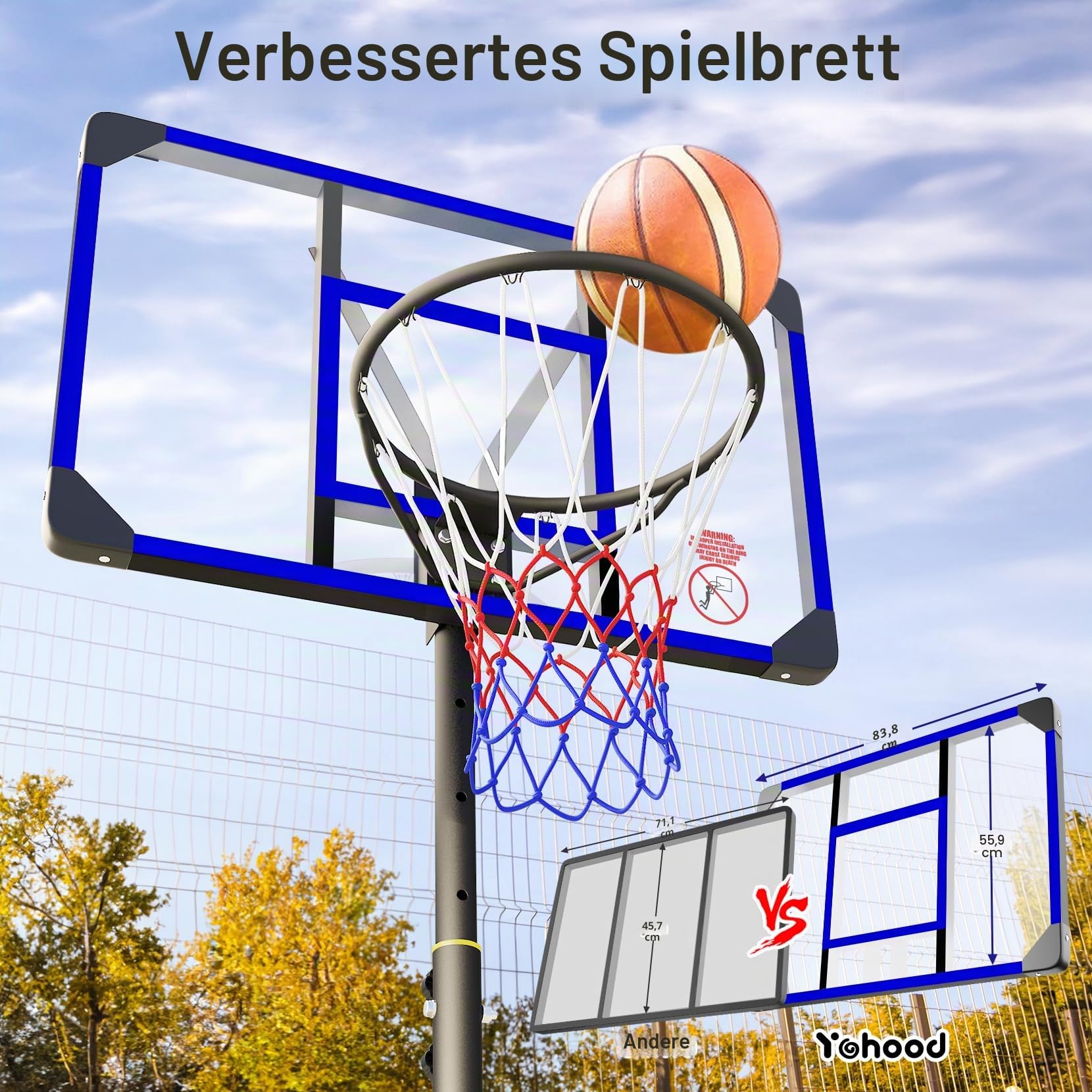 Yohood Basketballkorb, 12,4 - 3 m, verstellbar, tragbar, Basketballkörbe und Tore für Kinder/Jugendliche/Erwachsene, mit 44 PC-Rückwand, 45,7 cm Standardkorb-Rand, Allwetter-Ständer für den