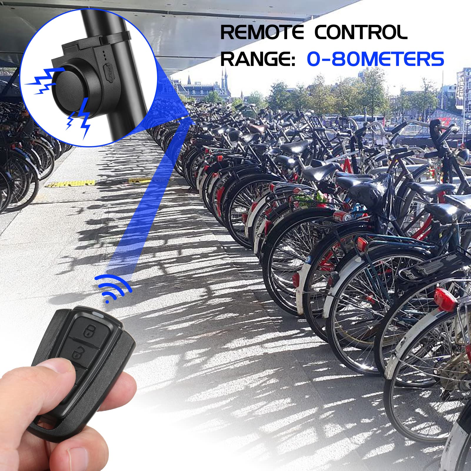 Klaxon de vélo sans fil 115 dB fort antivol IPX5 avec 5 modes sonores, 3 réglages de la sensibilité aux vibrations, 3 réglages du volume