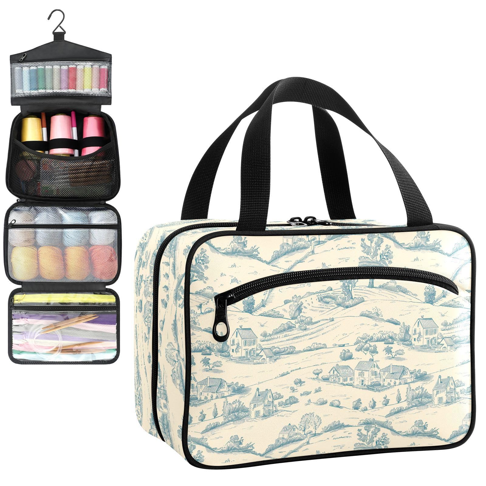 YNNALE Sewing Supply Organizer Bag, Beige Blue French Countryside Portable Sewing Bags with Pockets&Hanger, Sewing Storage Box Case for Sew Supplies/Kit/Tools/Accessories (BAG ONLY)