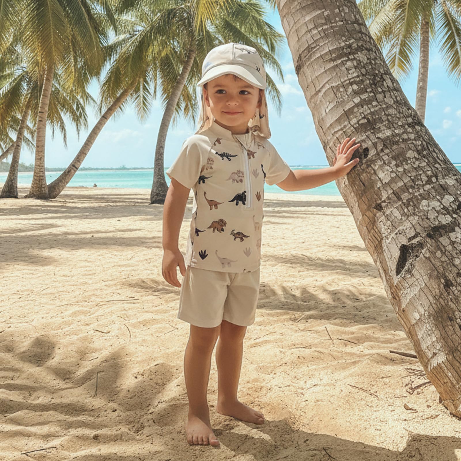 Garçon Maillot de Bain à Manches Courtes et Fermeture Eclair et Bonnet Ensemble Garçon Maillot de Bain à Manches Courtes Imprimé pour Eclair + Pantalon + Chapeau