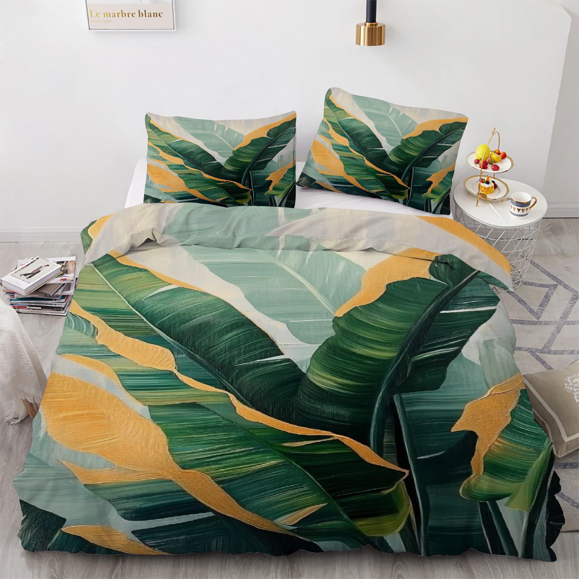 Housse de couette 160x200 motif feuille pour une chambre parentale zen parure 3 pièces KG2331
