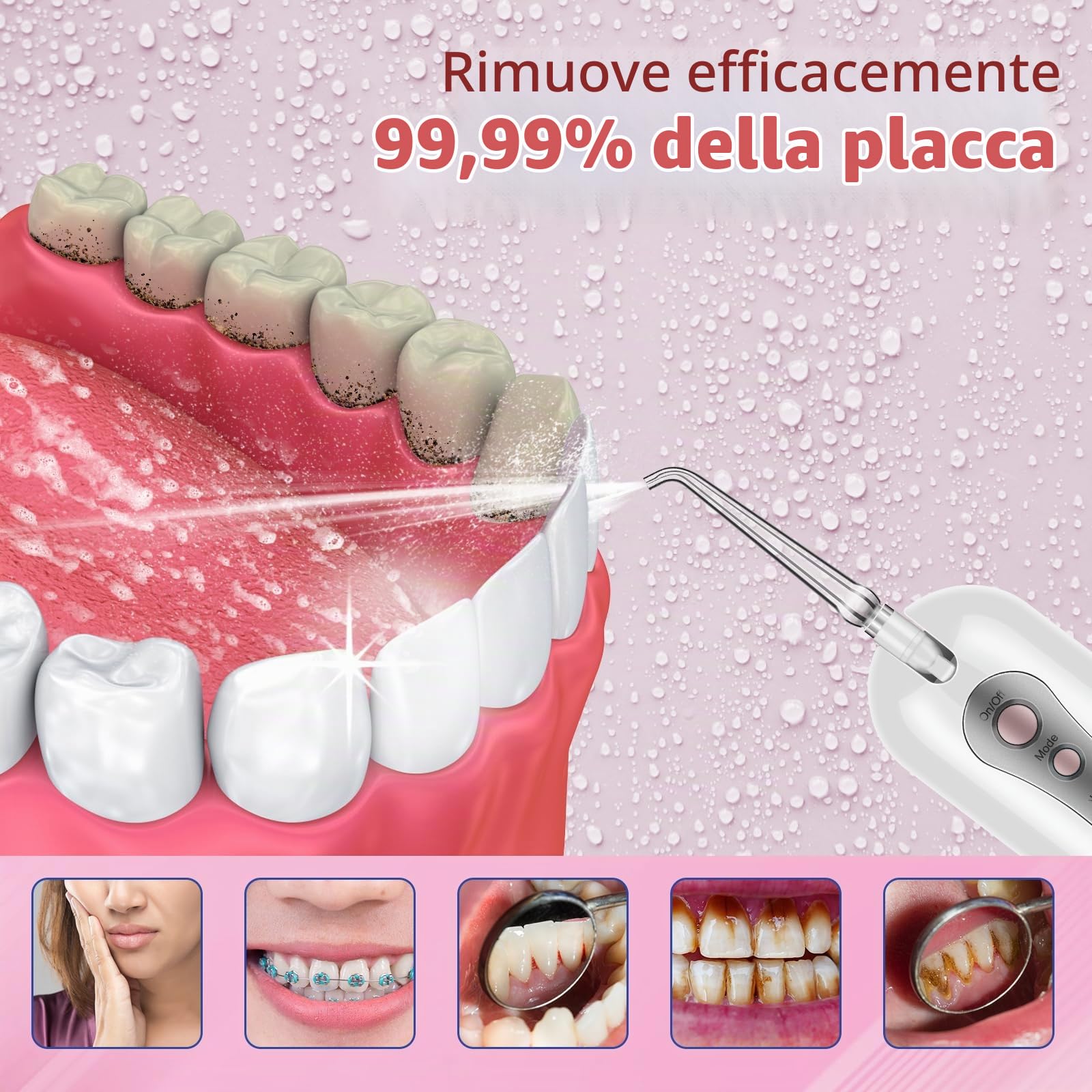 Idropulsore Dentale Portatile Rosa Senza Fili, Irrigatore Orale Ricaricabile con Custodia da Viaggio, 4 Modalità & 5 Beccucci, Spruzzino Elettrico per Denti IPX7 Impermeabile per Casa e Viaggio