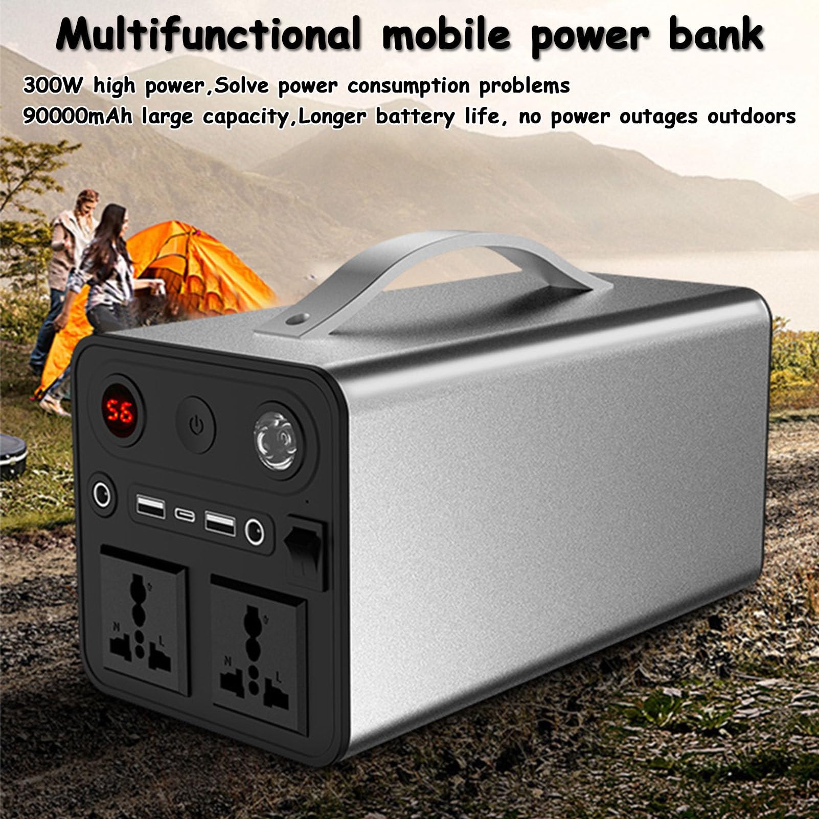 Estación de energía portátil, batería de litio de 90000 mAh, generador electrónico solar de 300 W CA para acampar, explorador de aventuras al aire libre, respaldo de energía de emergencia,Black