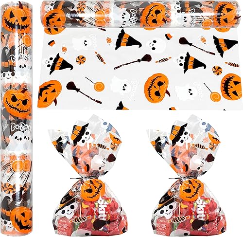 AnapoliZ Rollo de celofán de Halloween | 100 pies de largo x 16 pulgadas de ancho | 2.3 mil de grosor, transparente con diseños de Halloween |