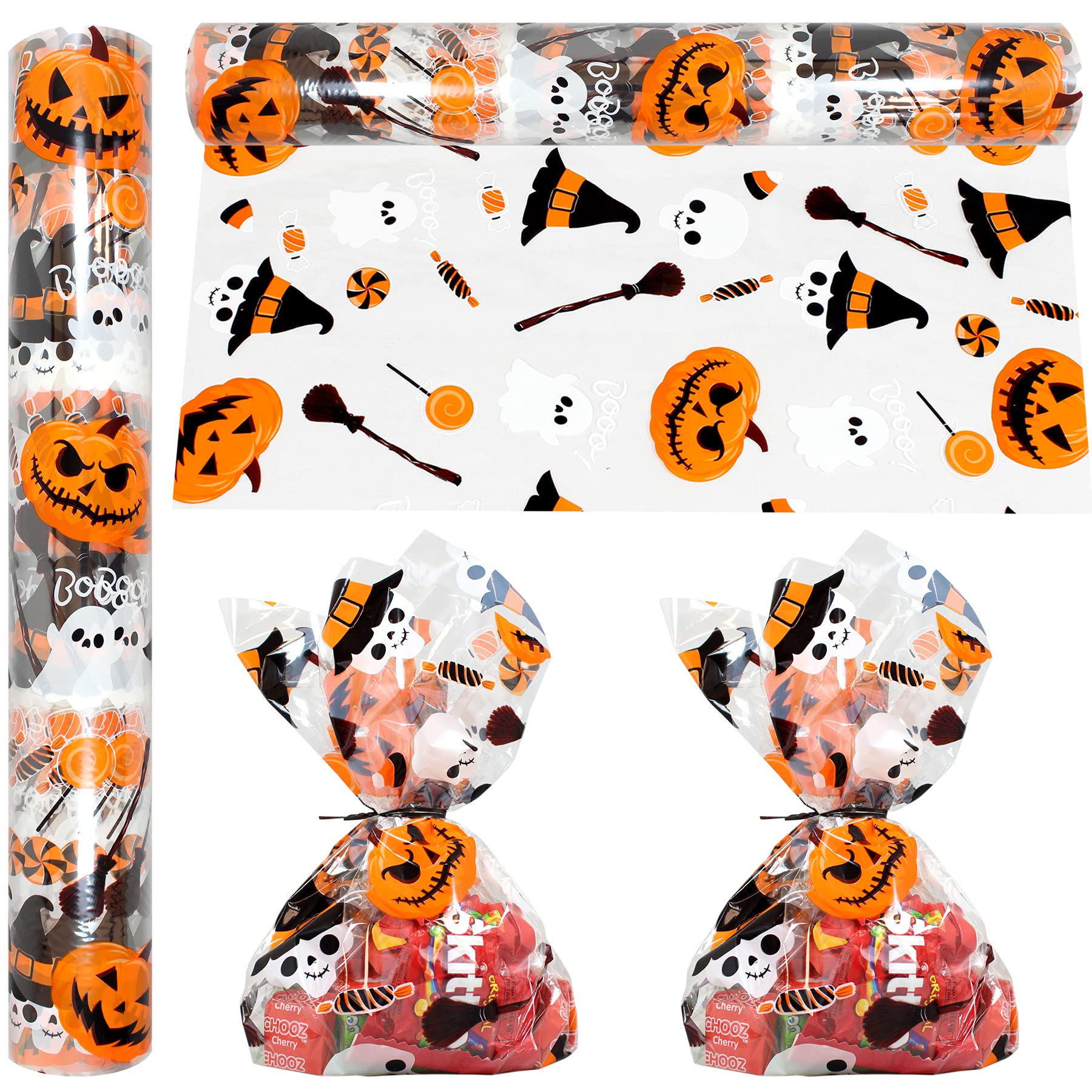 AnapoliZHalloween Cellophane Wrap Roll | 100’ Ft Long X 16” in. Wide | 2.3 Mil Thick, Crystal Clear with Halloween Designs| Gifts, Baskets, Treats Cello Wrapping Paper | Pumpkin, Witches Cello Roll