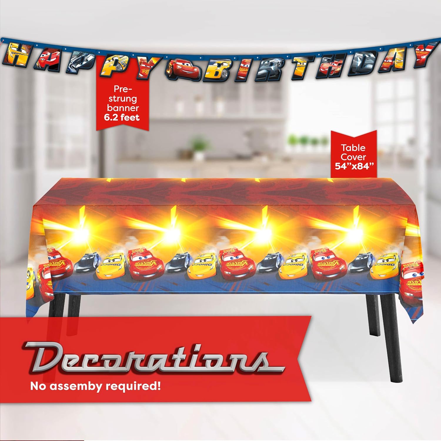 Disney Cars Birthday Decorations | Lightning McQueen Birthday Decorations | Serves 16 | Banner, Tablecloth, Plates, Napkins, Sticker | Officially Licensed