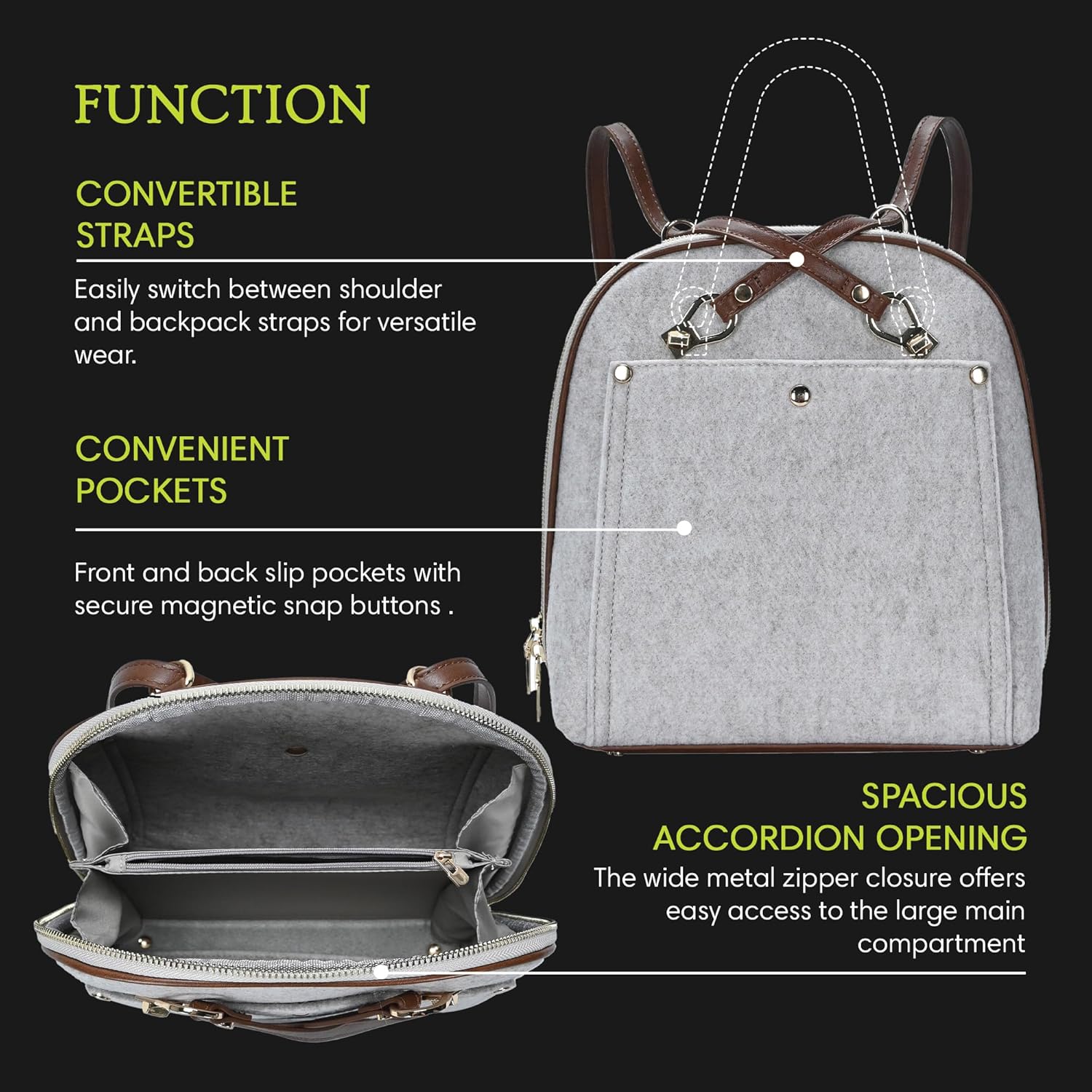 MMS Brands Miztique Daisy Felt Convertible Backpack Purse for Women (Taupe) | Felt Shoulder Strap Bag or Convertible Backpack | 10.5in x 4in x 11.5in |