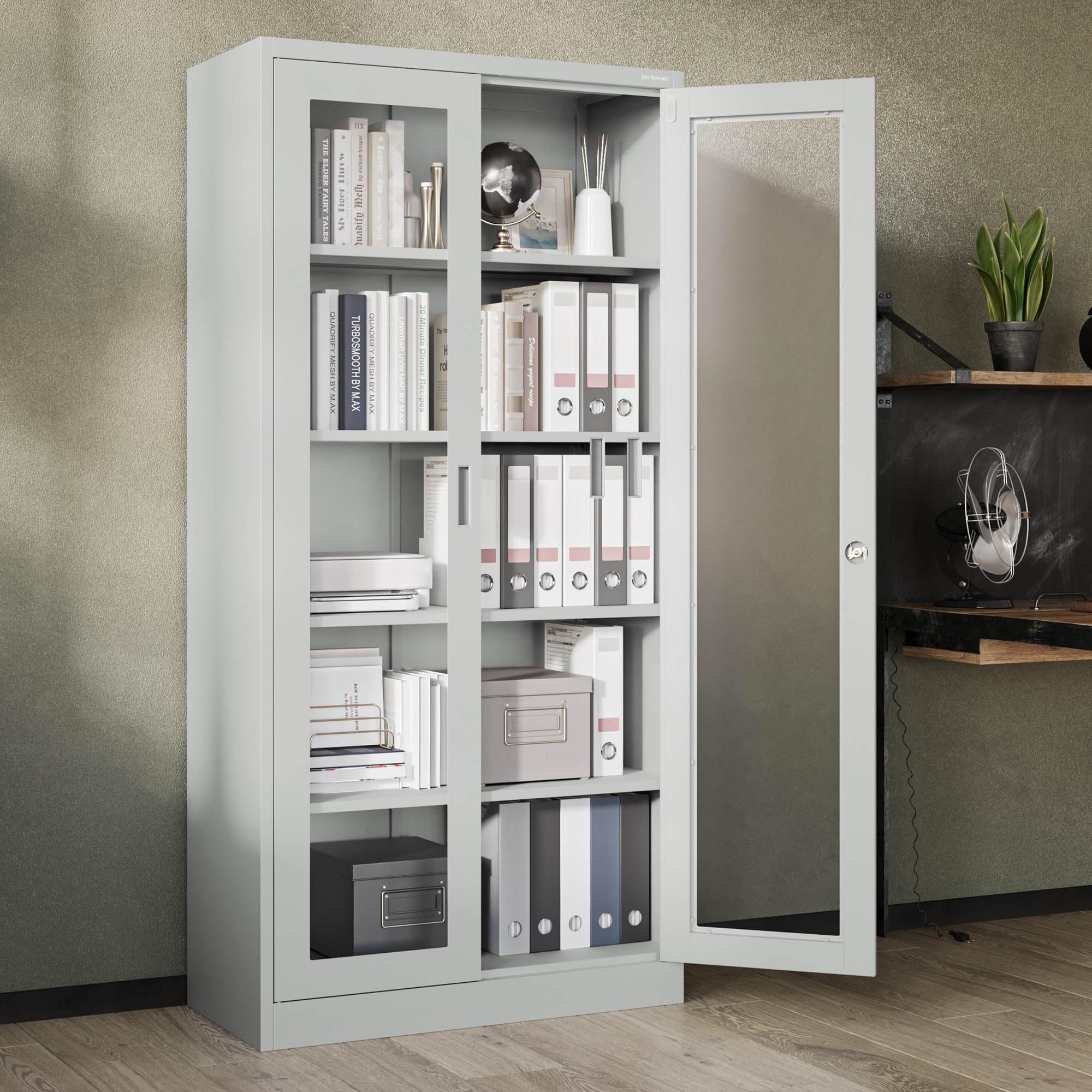 Jan Nowak Aktenschrank C012 Glasvitrine Büroschrank Universalschrank Flügeltürschrank Stahlblech Pulverbeschichtung abschließbar 185 cm x 90 cm x 40 cm (Grau)