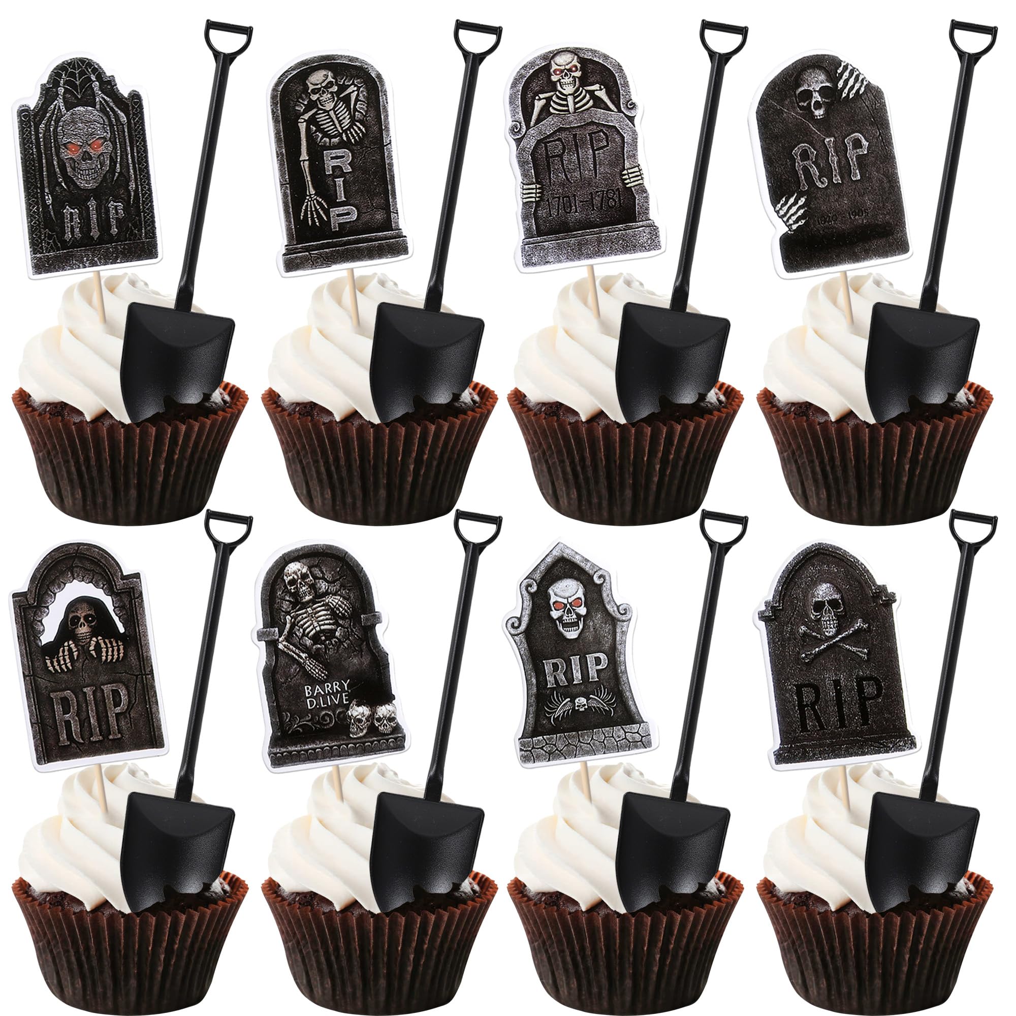 48 Pack Halloween Cupcake Toppers Tombstone Horrible Cupcake Topper Novelty Mini Shovel Spoons Gravestone Skeleton Zombie Cupcake Picks for Happy Halloween Theme Birthday Party Cupcake Decorations