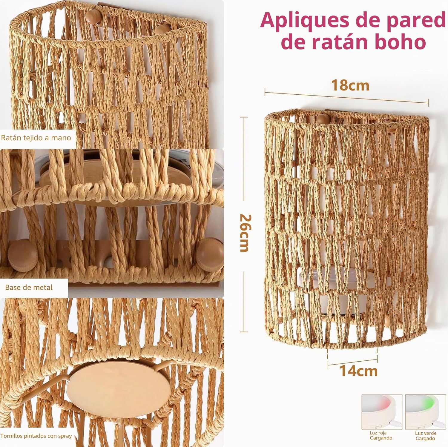 2 lámparas de pared de ratán, estilo bohemio, con batería, sin conexión de alimentación, RGB, regulables, con mando a distancia, retro, para dormitorio, salón, pasillo