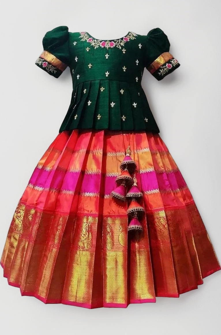 Girls Polyester Blend New South Indian Traditional Pattu Pavadai Jecquard Readymade Lehenga Choli Dress