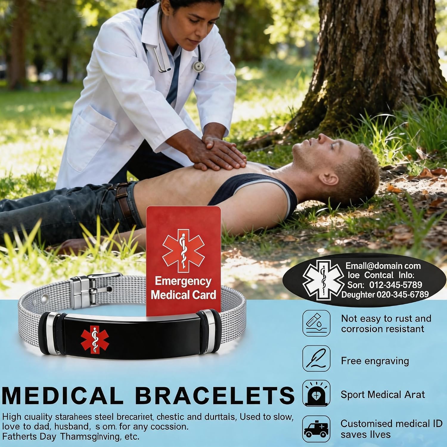 Medical Alert ID Bracelet for Men Women - Adjustable Stainless Steel Engraved Medical Symbol Bracelet, Water-Resistant with Emergency Card Gift Box