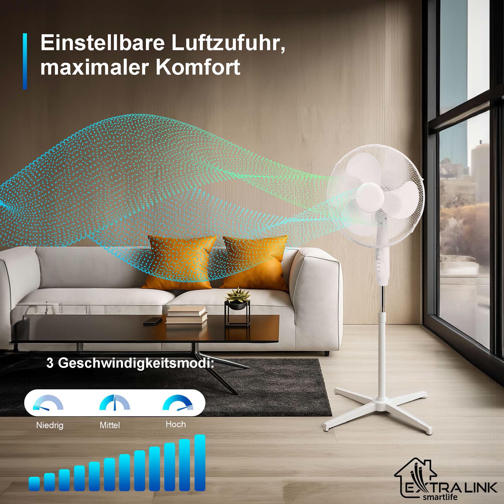 EXTRALINK Standventilator 40 cm – Leiser Bodenventilator 3 Geschwindigkeiten, Oszillation, Neigungsverstellung & 3 Rotorblättern – Kompakter Ventilator für Schlafzimmer, Büro & Zuhause – 45W Weiß