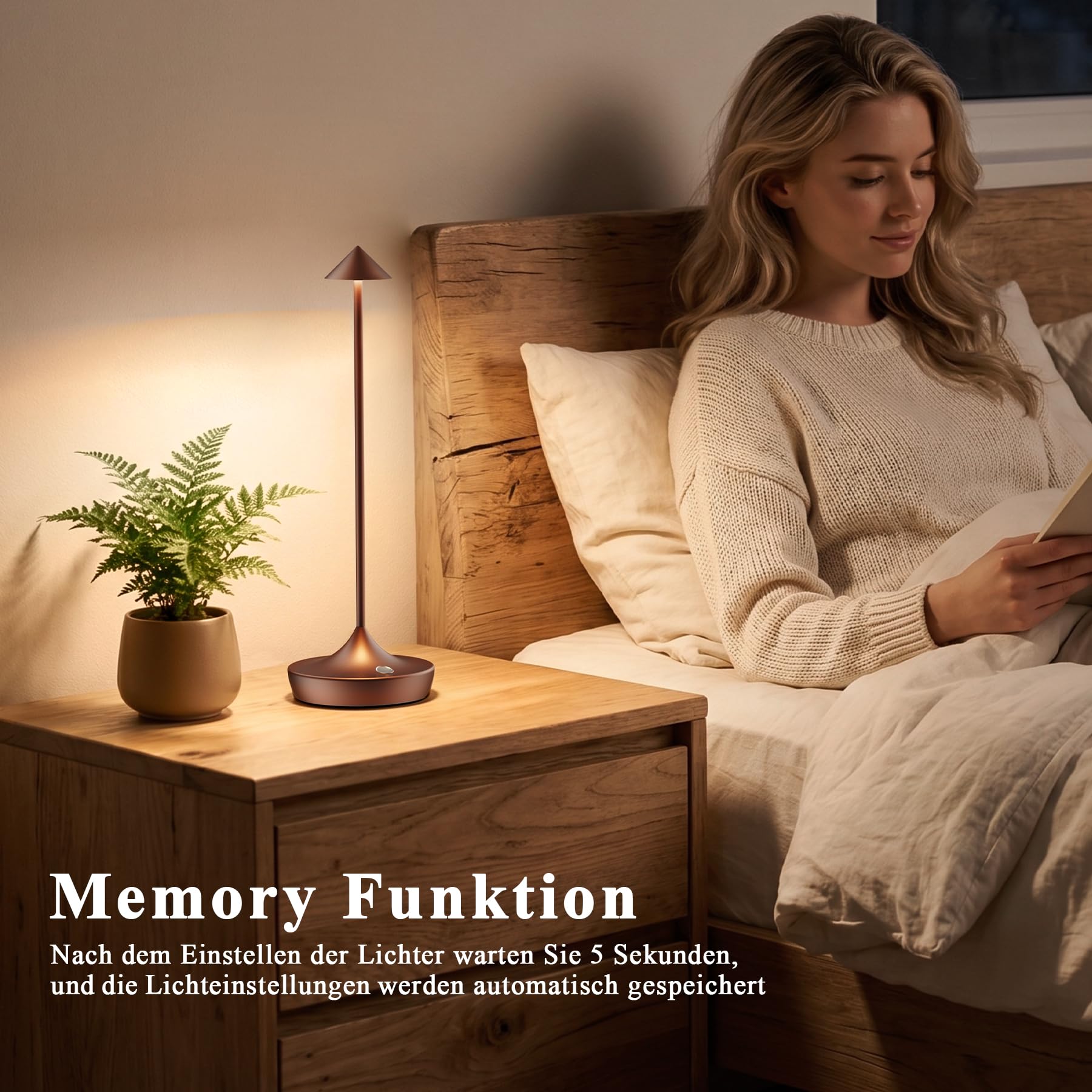 Bonsery LED Nachttischlampe 2er Set Braun, 3 Farbtemperatur Tischlampe Kabellos mit 6000mAh Akku & Wasserdicht, Touch Dimmbar Tischleuchte Aluminium für Innen & Außen, Geschenke für Frauen Mütter