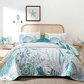 Djoymock Coastal Quilts Bedding Set Queen Size, Summer Green Fish Coral Nautical Bedding Quilt Set with Pillow Cases, Ocean Beach Reversible Bedspreads Coverlet Soft Microfiber Lightweight Comforter