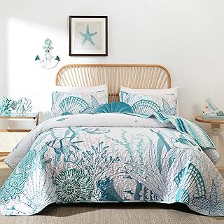Coastal Quilts Bedding Set Queen Size, Summer Green Fish Coral Nautical ...