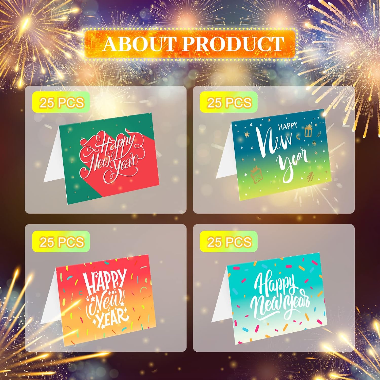 Yexiya 100 Set Happy New Year Cards Bulk 2026 with Envelopes and Stickers, New Year Greeting Cards Assorted Happy Holidays for Festive Eve Party Supplies 2026