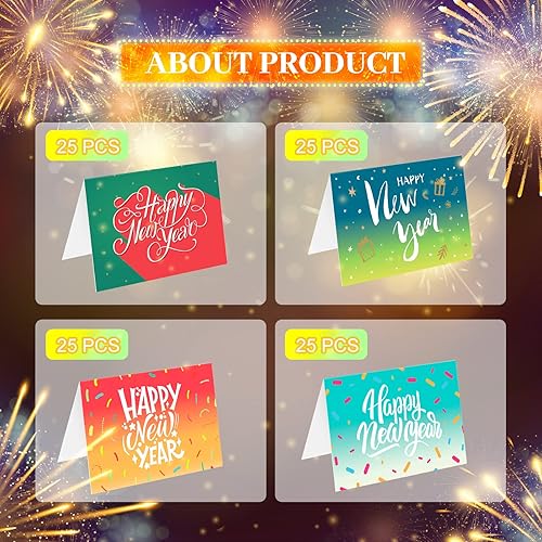 Miniatura 3 de Juego de 100 tarjetas de feliz año nuevo a granel 2025 tarjetas de felicitación de Año Nuevo con sobres y calcomanías, tarjetas surtidas de felices