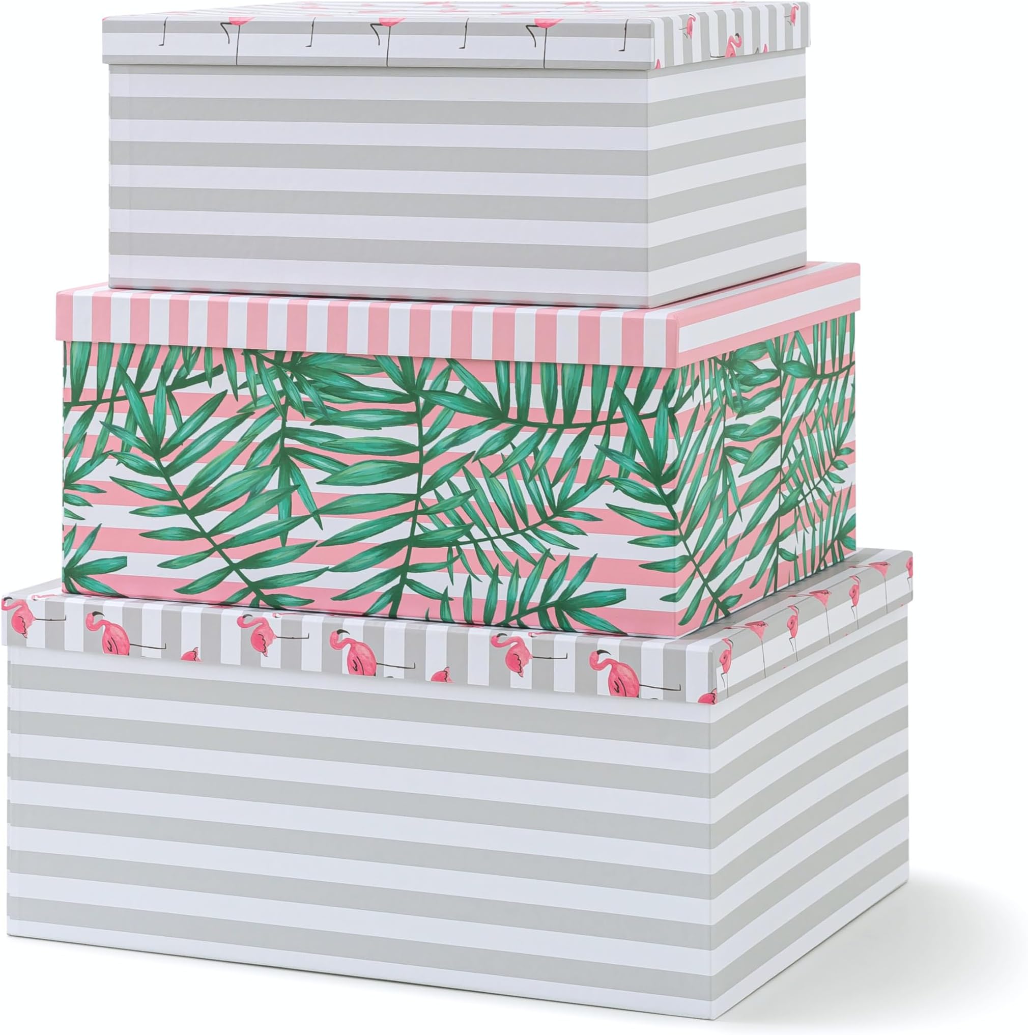 SLPR Decorative Cardboard Storage Boxes With Lids For Home Décor, Set of 3 Pink Flamingo Paperboard Nesting Gift Boxes, Palm Leaves Large Picture and Photo Storage for Keepsakes
