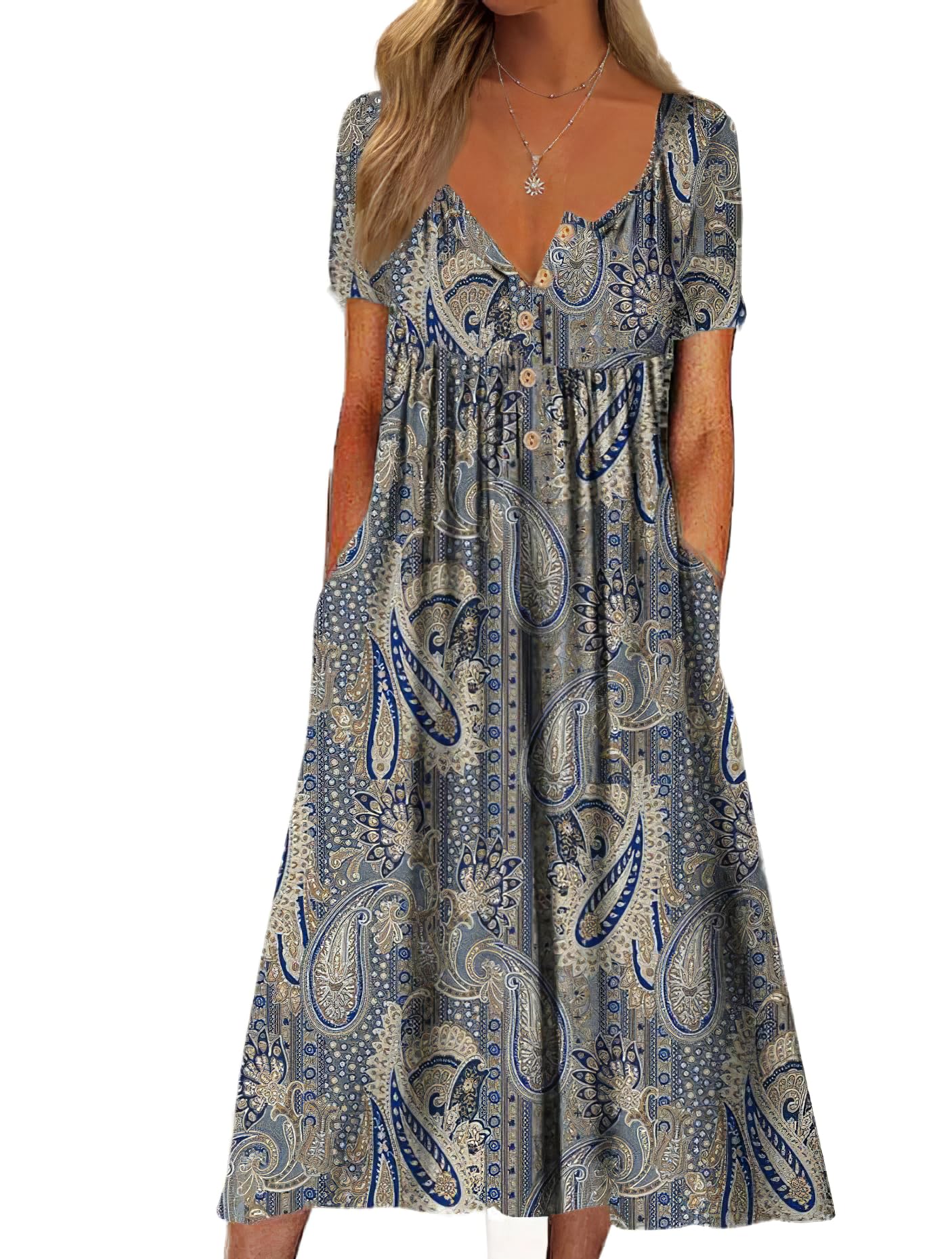 Womens Summer Boho Colorful Floral Maxi Tshirt Dress Button Up Casual Loose Summer Beach Vacation Dresses with Pockets