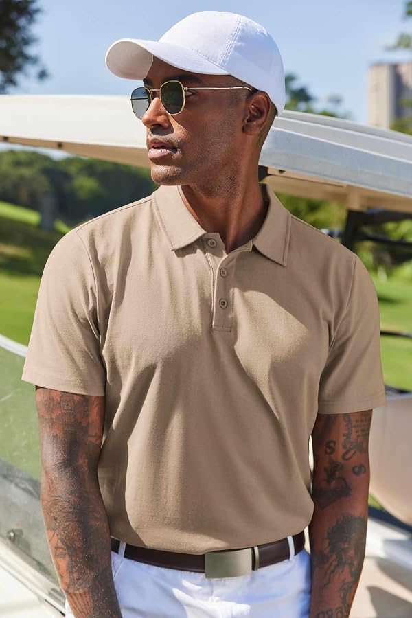 COOFANDY Mens Cotton Polo Shirt Short Sleeve Golf Shirts 3 Buttons Casual Work T Shirts Khaki by COOFANDY - Used condition - Image 2