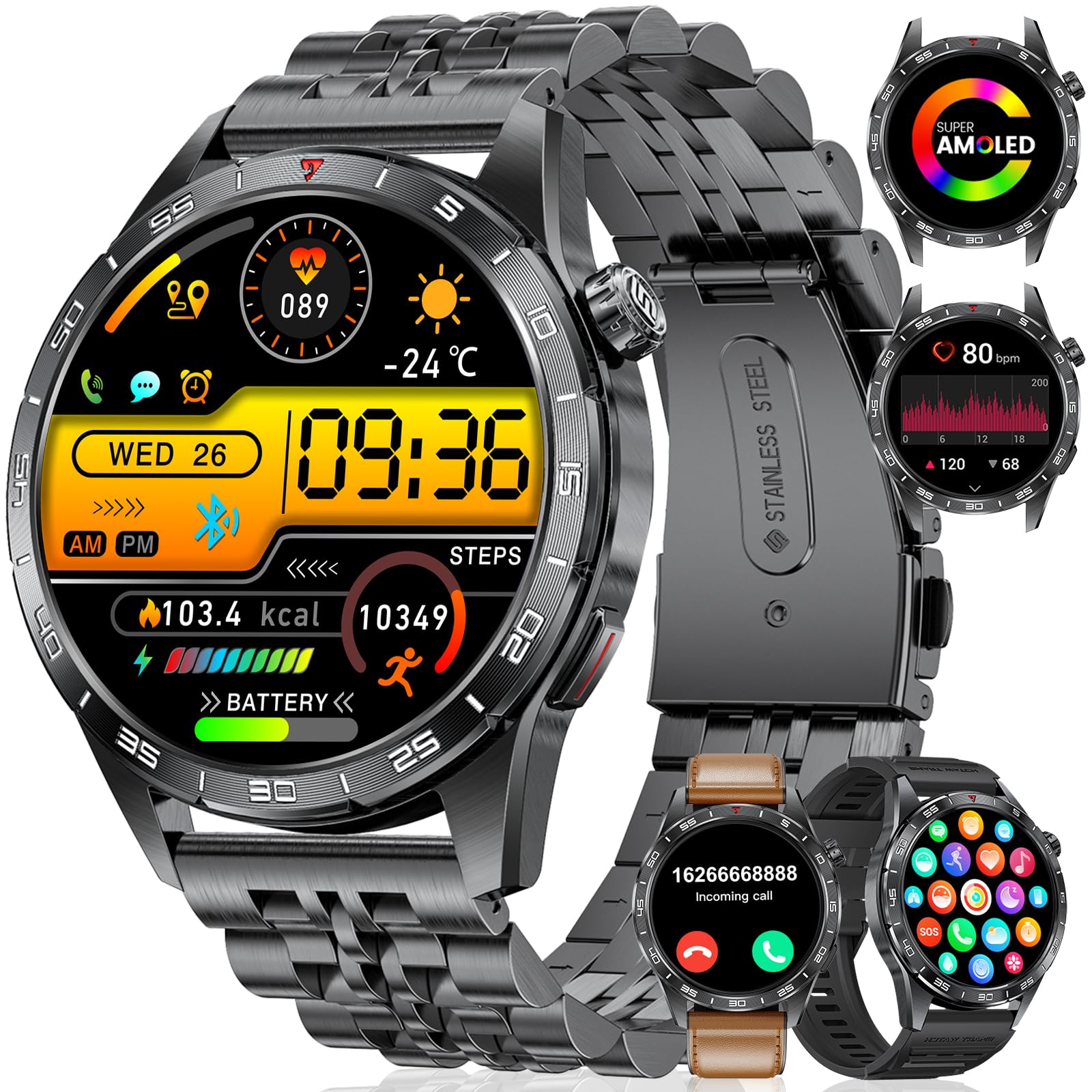 Orologio da uomo con chiamate Bluetooth, 1.43'' HD Amoled schermo Smartwatch con frequenza cardiaca/sonno, IP68 impermeabile orologio fitness con 120 modalità sportive, 3 braccialetto(metallo/pelle
