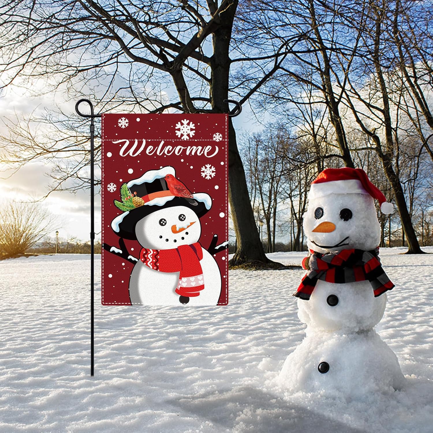 Welcome Christmas Garden Flags for Outdoor Decorations, Double Sided Snowman with Snowflakes Print Red Burlap Yard Flags for Seasonal Holiday Winter Xmas Rustic Farmhouse Outdoor Decor11.8×18.1 Inch - Image 4