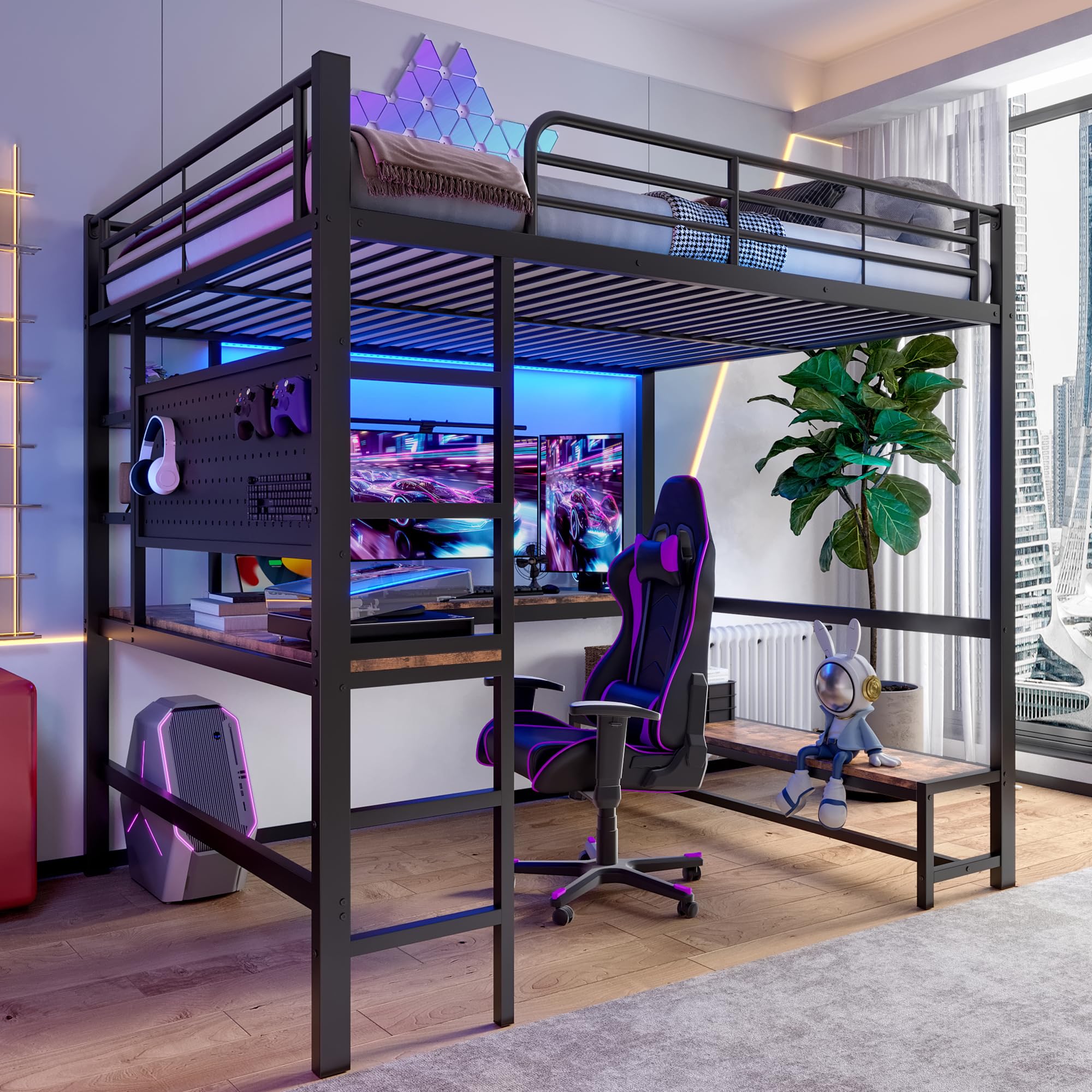 Lit Mezzanine 2 Places 140x200 avec LED et USB C, Lit Enfant en Métal avec Bureau et étagère et Rambarde, Lit Mezzanine Enfant avec Panneau Perforé et Escalier, Lit en Hauteur Structure en Fer, Noir