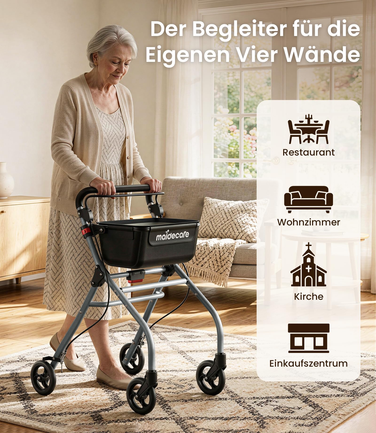 Rollator Schmal für Wohnung, Indoor Rollator Faltbar und Leicht mit Klappbar Tablett & Stoffkorb, Gehhilfe für Senioren mit Spuer Leiser Anti-Rutsch Reifen,Aluminium, Mobilität für Zuhause, Silber