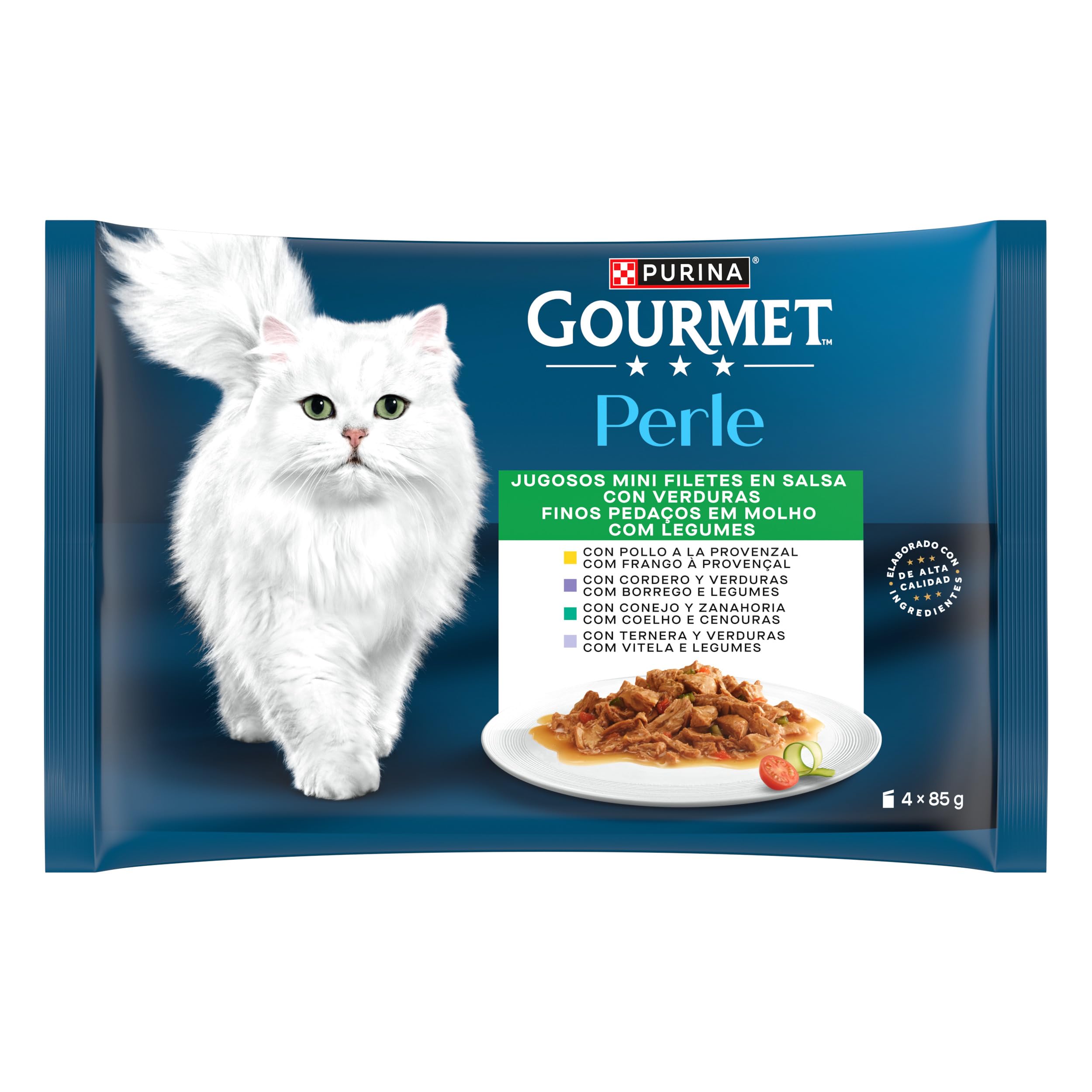 Purina Gourmet Perle Mini Filetes en Salsa, Comida Húmeda para Gato con Pollo, Cordero, Conejo y Ternera, 12 Paquetes de 4 Sobres de 85g - 48 Sobres