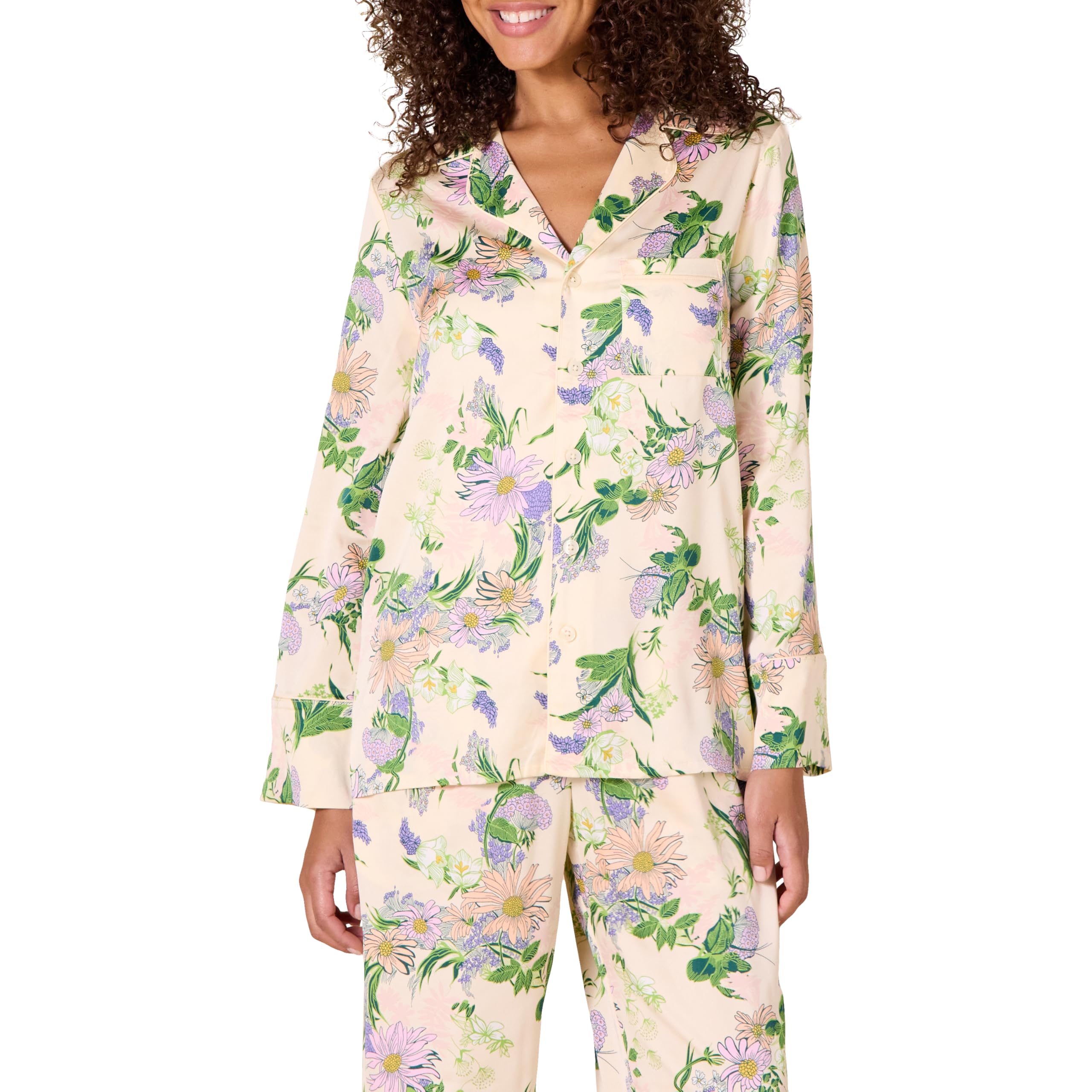 Amazon Essentials Women's Regular-Fit Long-Sleeved Satin Sleep Shirt Only (Bottoms Sold Separately), Beige Peach Floral, XXL