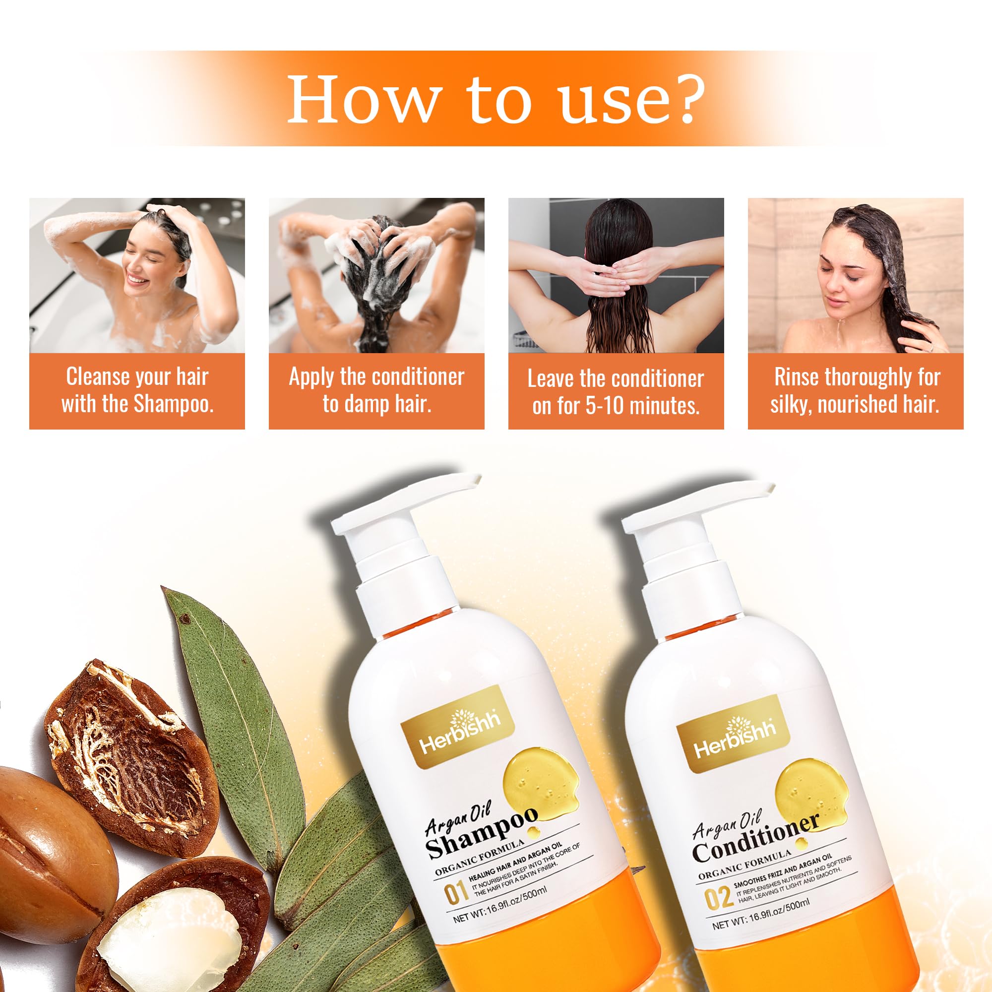 Herbishh Argan Oil Shampoo & Conditioner Set for Dry Hair, 16.9 fl oz Each
