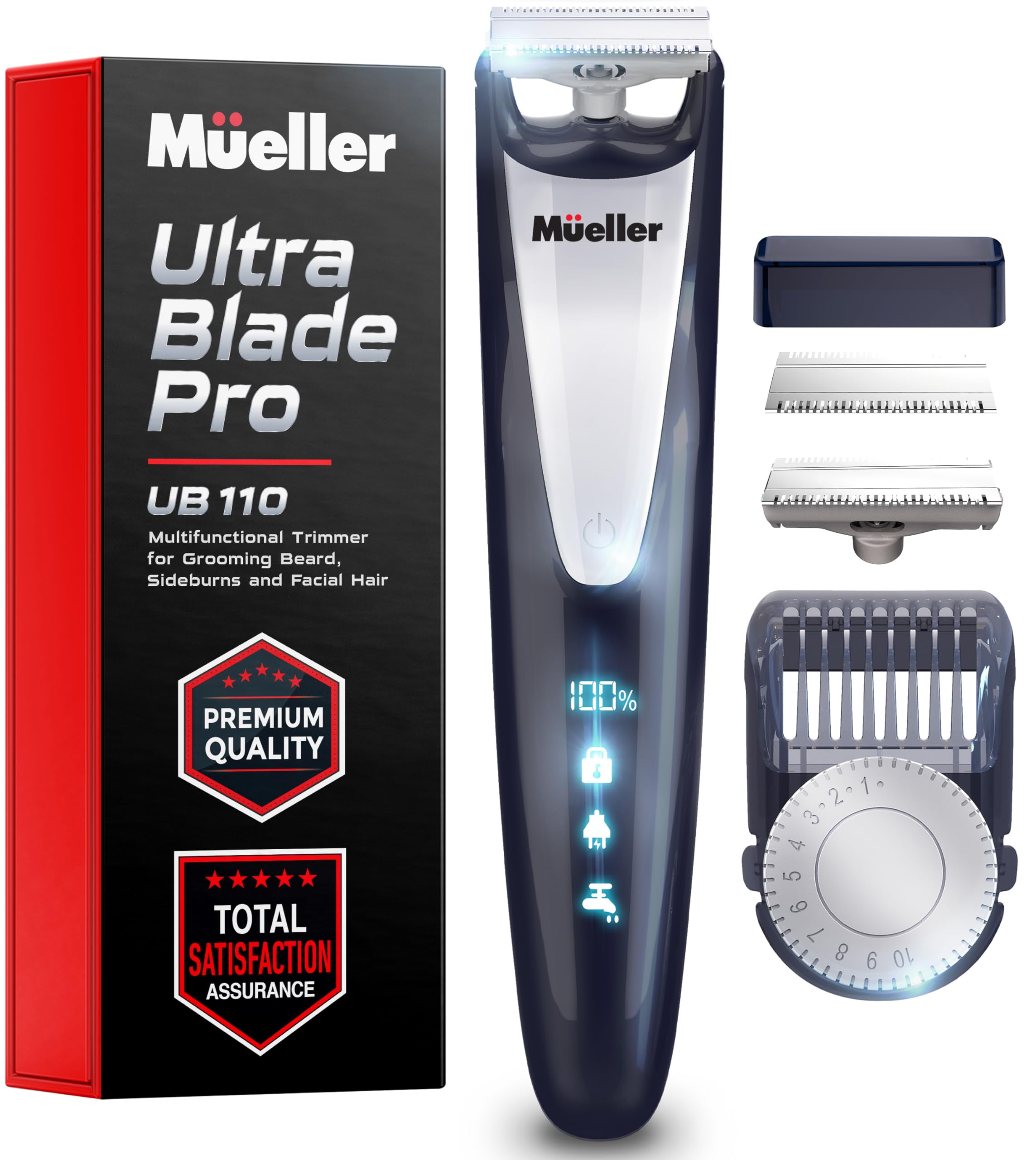 Close-up of the Mueller UltraOneBlade Trimmer's titanium bi-directional blade