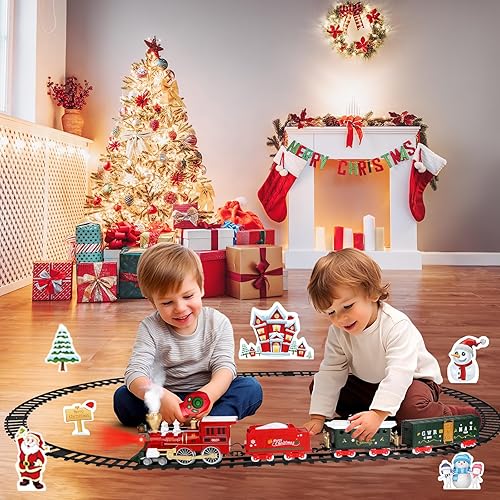 Miniatura 3 de Hot Bee Juego de tren de Navidad, tren de control remoto para juguetes de tren de árbol de Navidad con humo realista, luces y sonidos, tren de