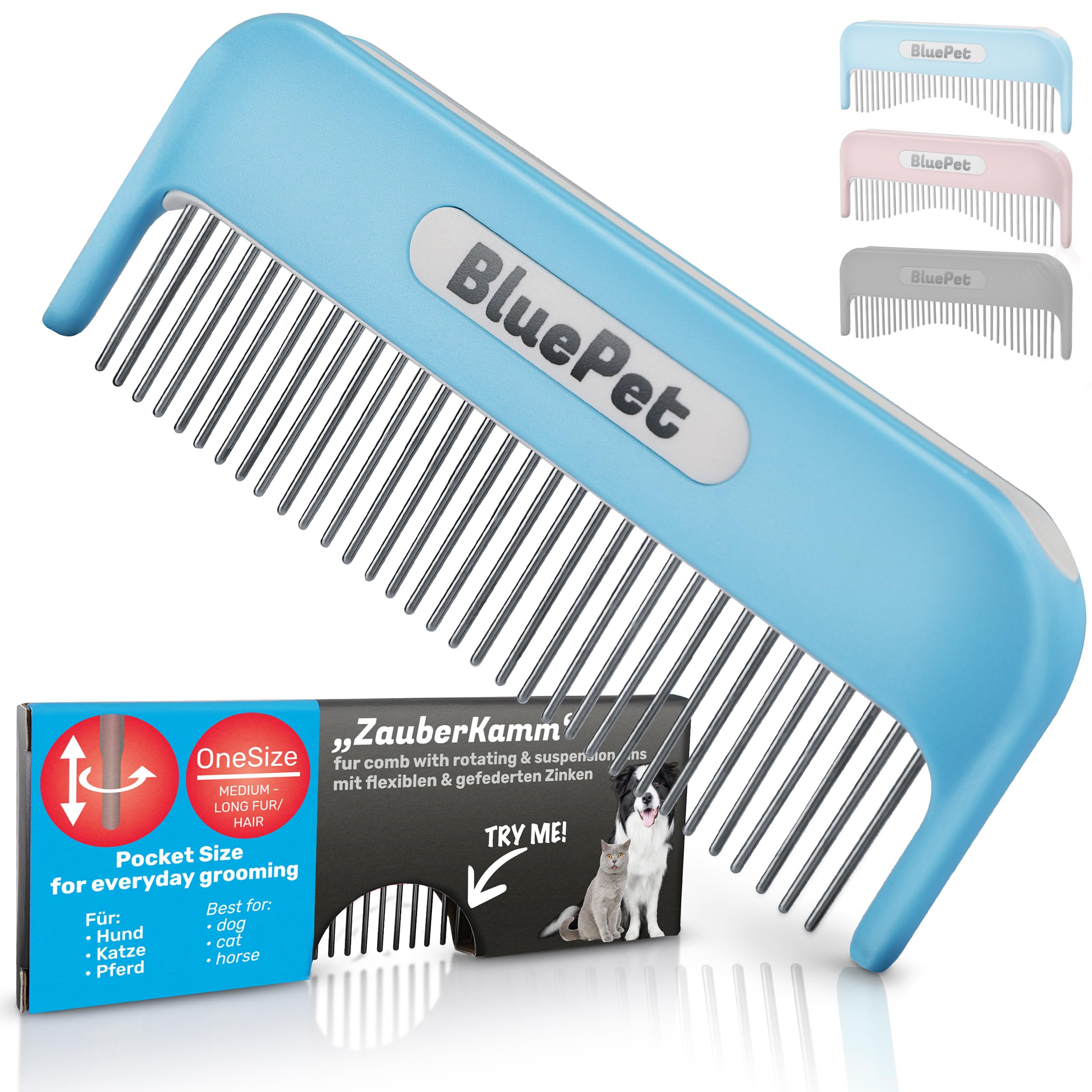 BluePet Zauberkamm Patentiert mit Rotierenden & Nachgebenden Zinken I Entfernt sanft Knoten & Entwirrt das Fell I Hundekamm Katzenkamm für Langhaar Hunde & Katzen