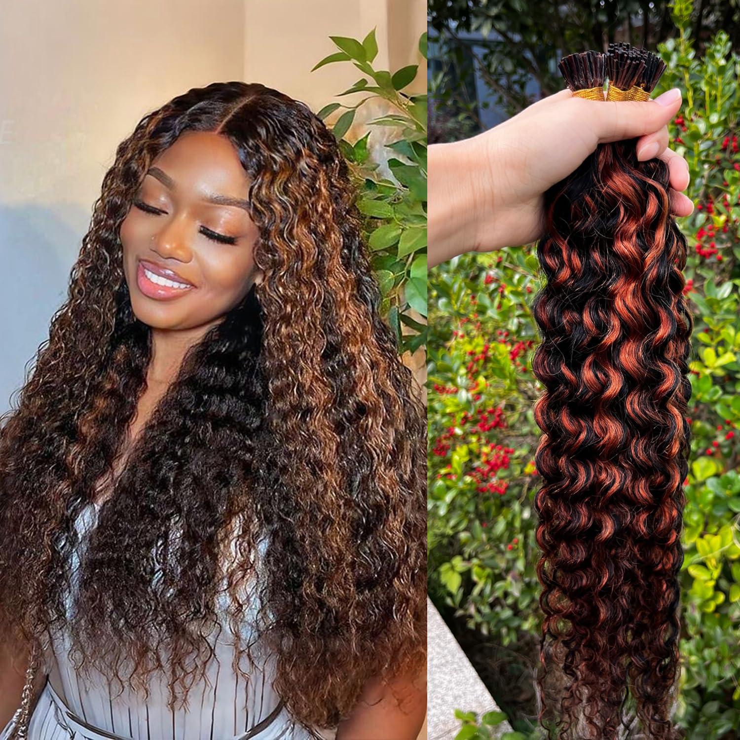 Photo 1 of 1B30 Curly I Tip Hair Extensions Human Hair Cold Fusion Itip Flawless Microlinks Hair Extensions Invisible Blends Naturally Individual Strands for Black Women 50G Black to Brown 20inch