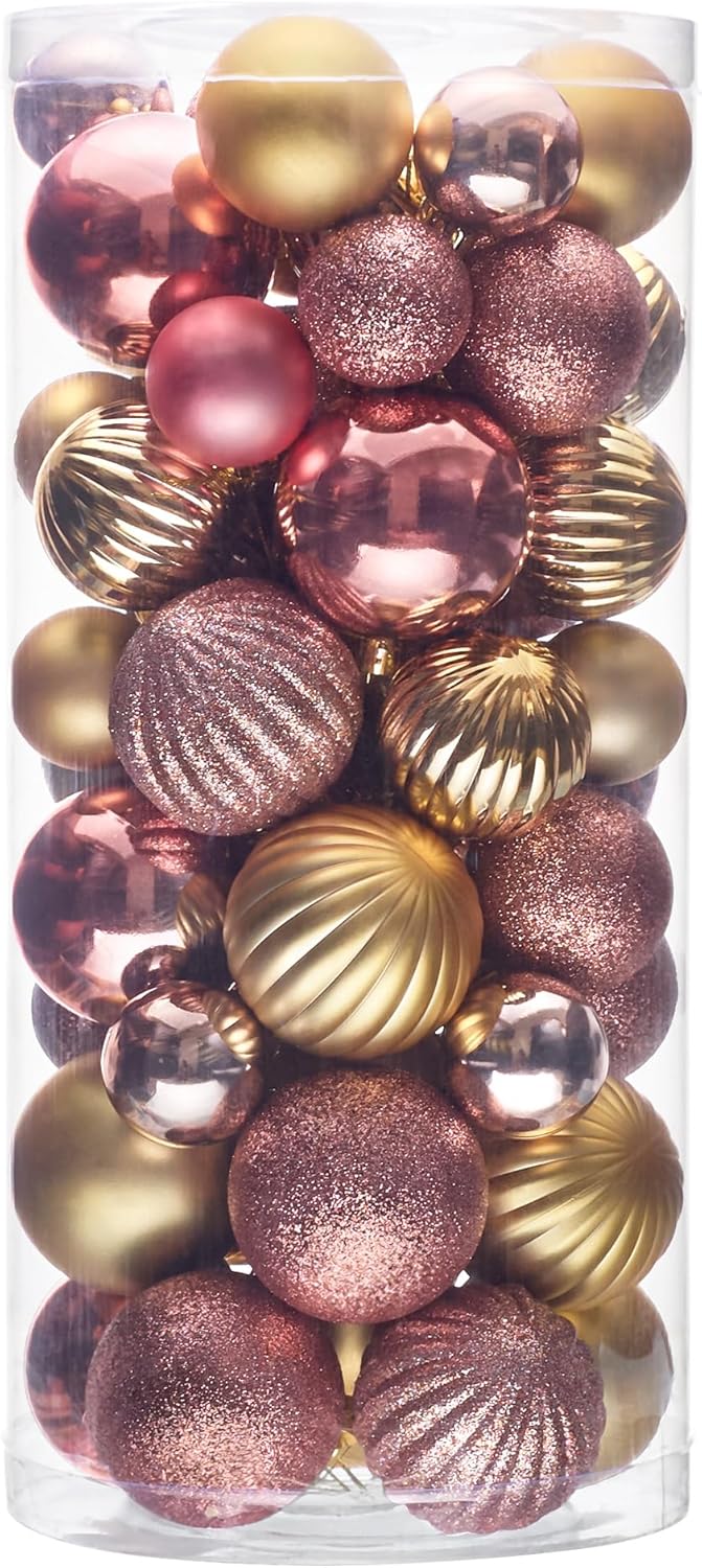 50ct Christmas Balls Ornaments for Xmas Tree, Pink and Gold Shatterproof Christmas Tree Decorations Hanging Ball for Holiday Party Decor(1.57"-2.36")