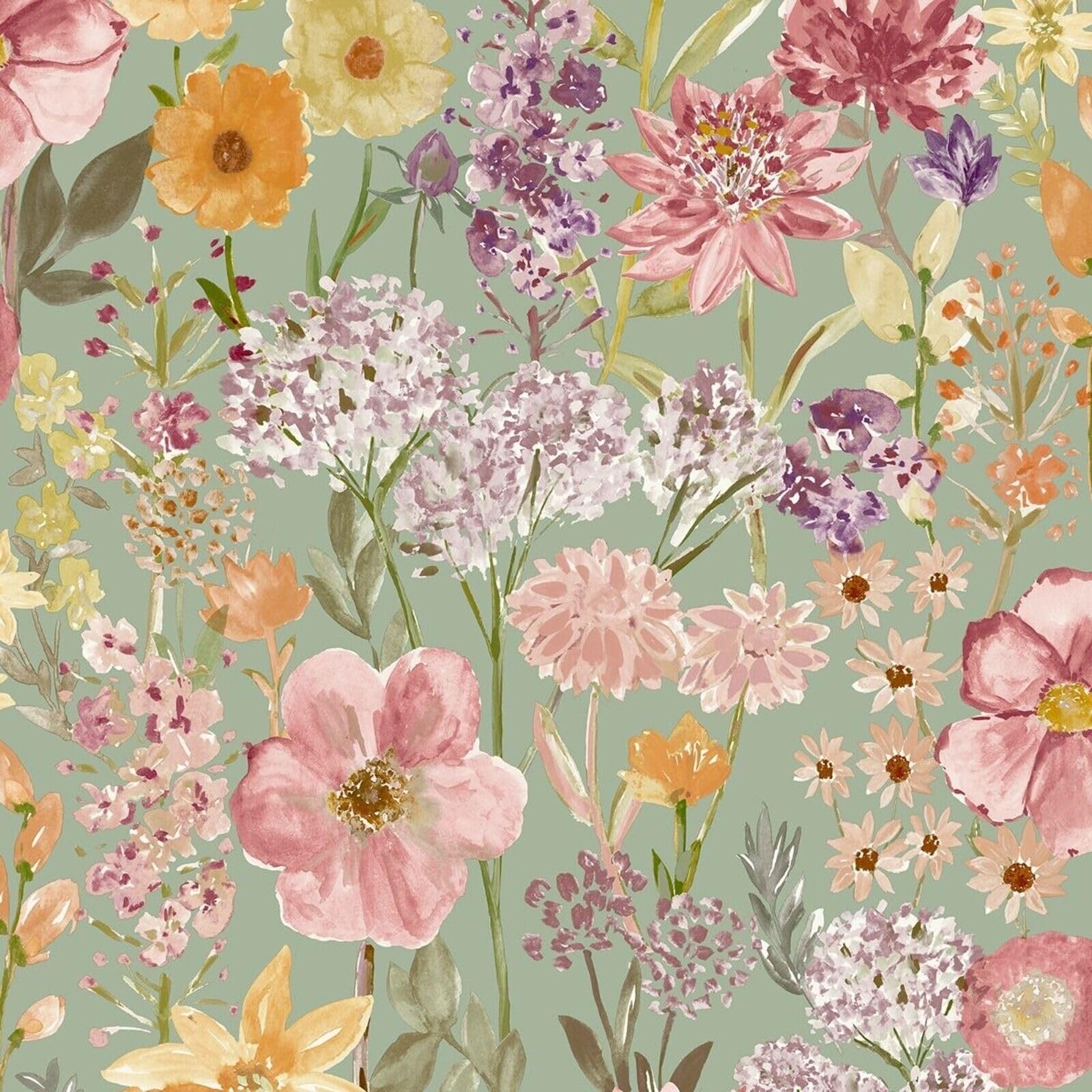 SOPHIE LAURENCE Wildflowers Sage Floral Wallpaper Pink Hand Painted Effect Smooth Matte Botanical Wallpaper for Feature Wall