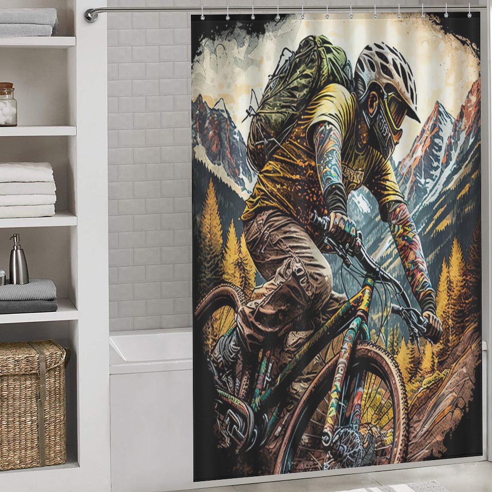 Rideau de douche vélo de montagne en tissu polyester imperméable lavable 152x183cm avec crochets