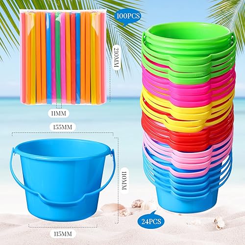 Miniatura 2 de Sratte 24 cubos pequeños de playa con 100 pajitas desechables, cubo de plástico con asa para vacaciones de verano, cumpleaños, fiesta de playa (6.1