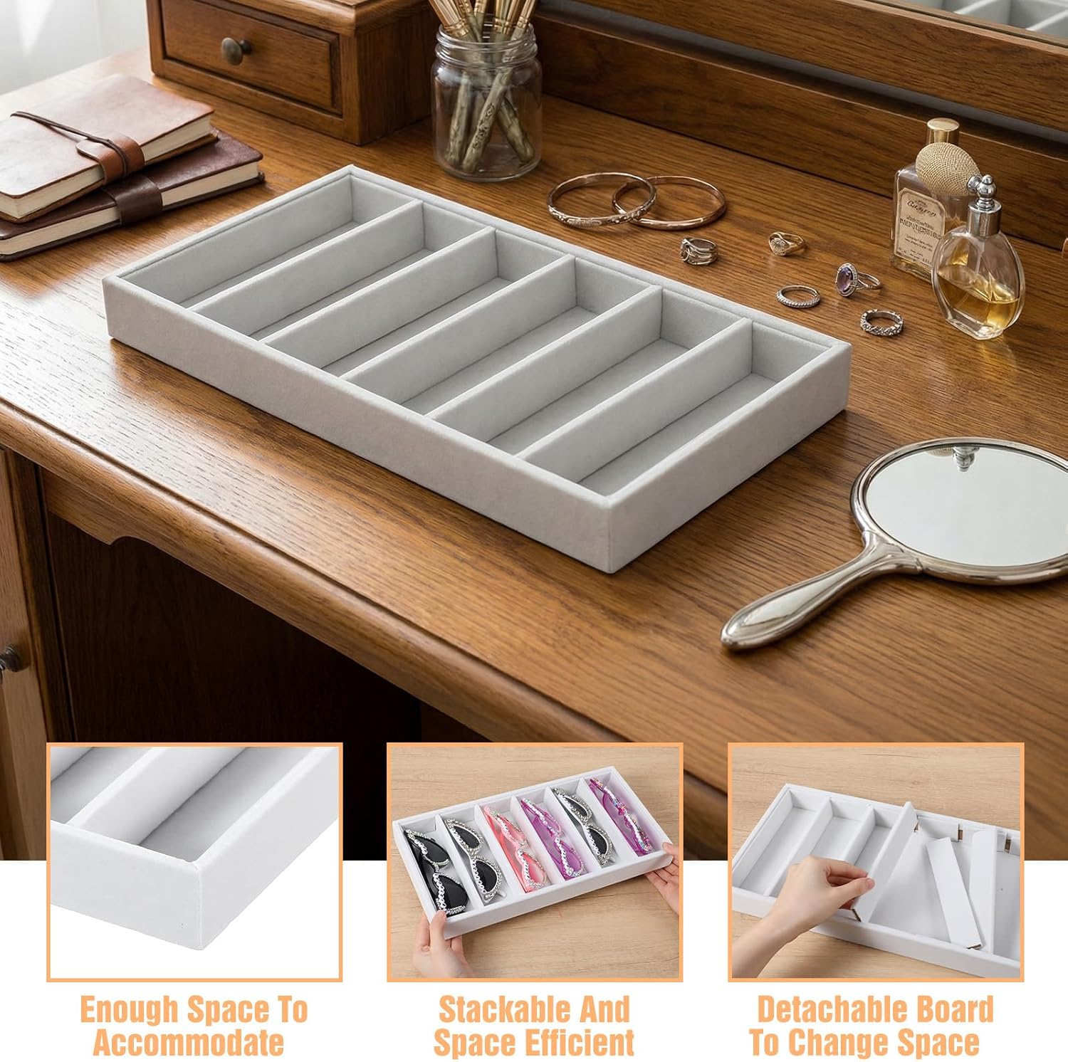 4 PCS Velvet Sunglasses Organizer Tray, 6 Grids Velvet Sunglasses Tray Stackable Storage Organizer Removable Board for Eyeglasses, Jewelry, Watch Organization and Display-Beige
