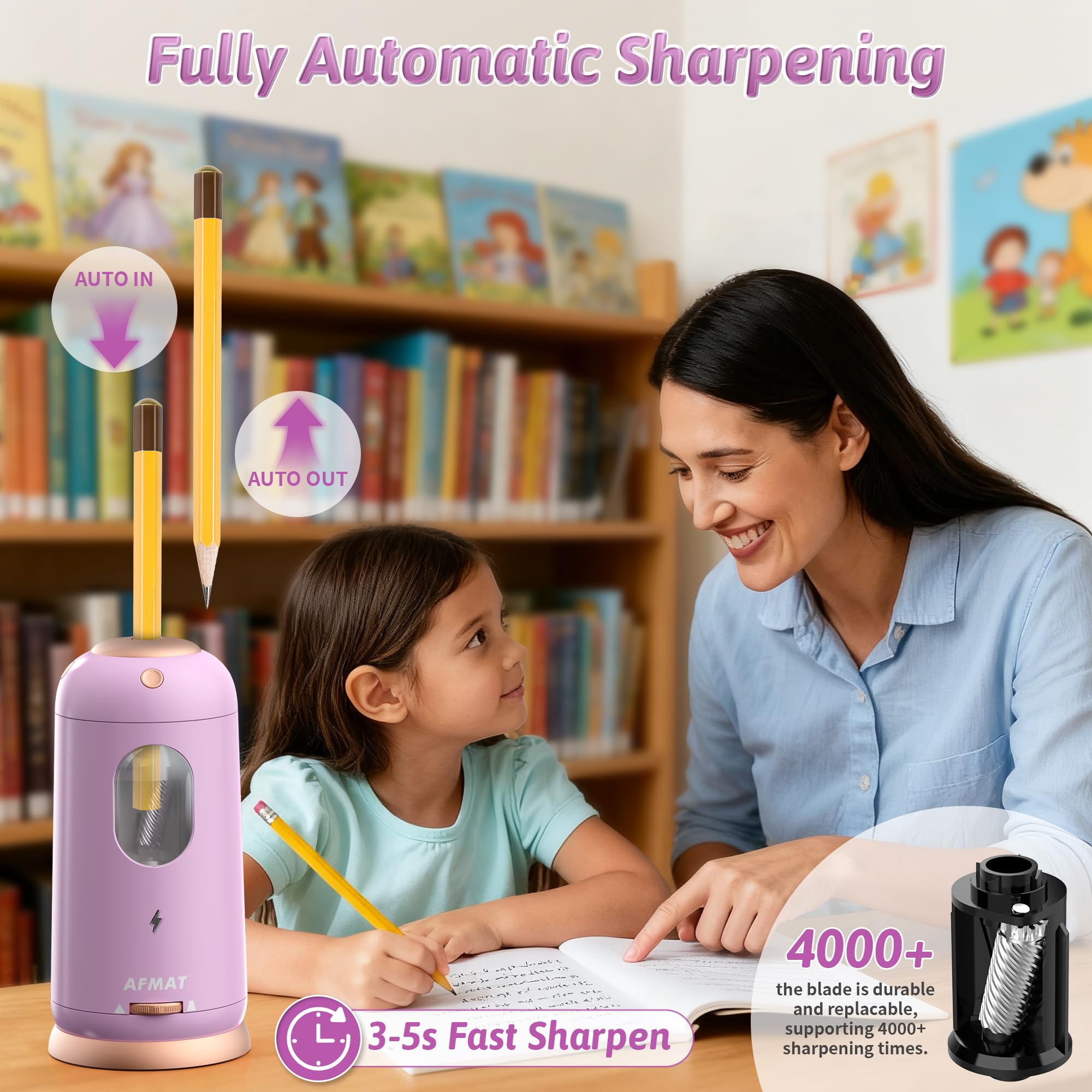 AFMAT Electric Pencil Sharpener, Rechargeable Automatic Pencil Sharpeners for Large Pencil 7-11.5mm, Auto in/Out, Ringdots Desktop Sharpener with Container for School/Home/Office Use, Purple, PSC8 - Image 3