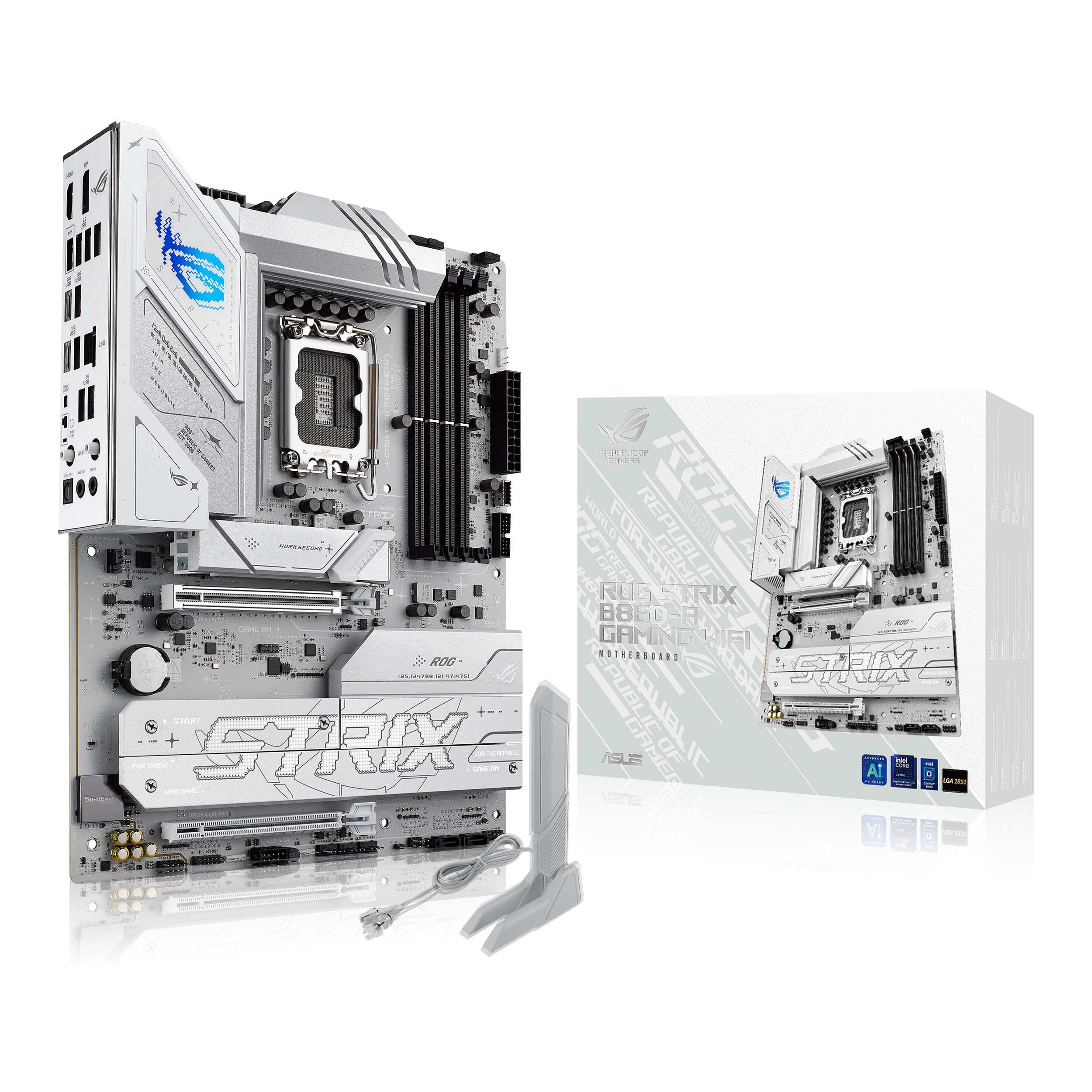 ASUS ROG Strix B860-A Gaming WiFi ATX anakart, Gelişmiş AI PC'ye hazır, 14+1+2+1 güç aşamaları, DDR5 yuvaları, PCIe 5.0, dört M.2 yuvası, WiFi 7, AI Networking II, Aura Sync RGB aydınlatma.