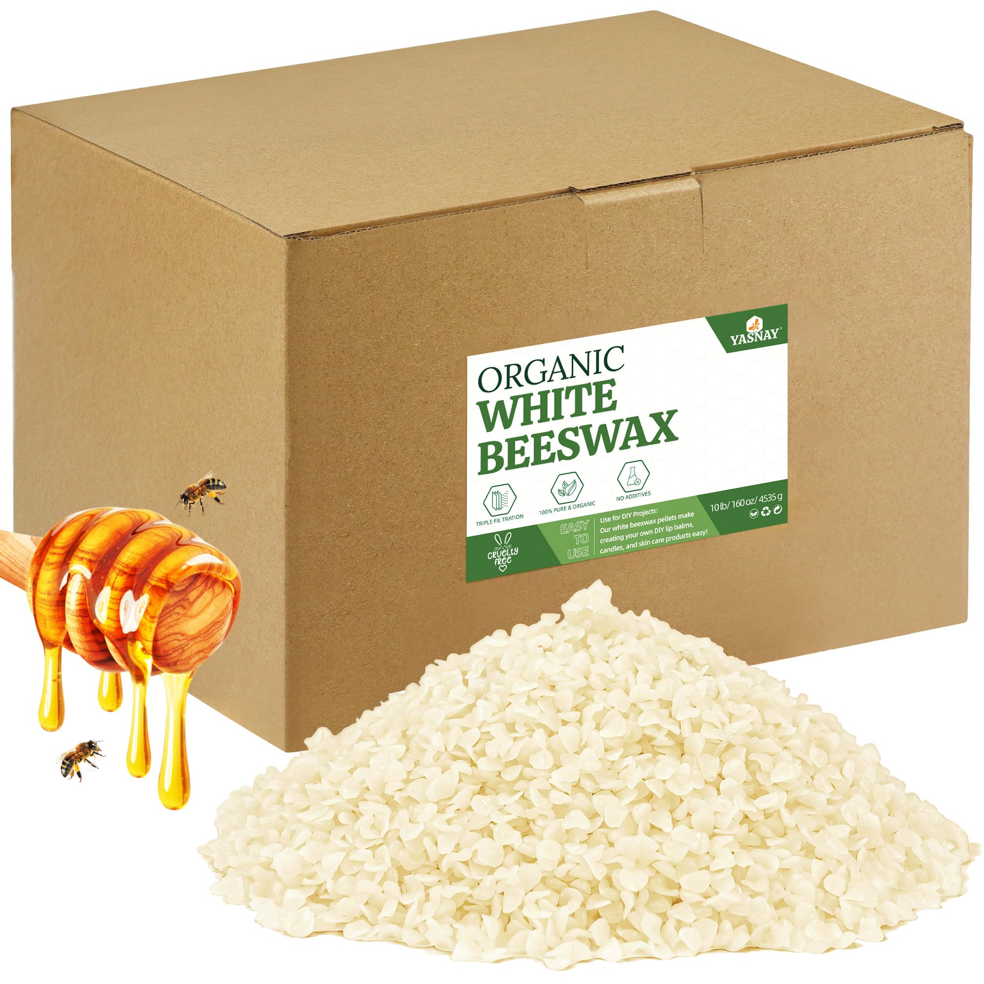 YASNAY White Beeswax Pellets 10LB, 100% Organic Beeswax, Beeswax for Candle Making, Body, Skin Care DIY, Lip Balm and Soap Making Supplies